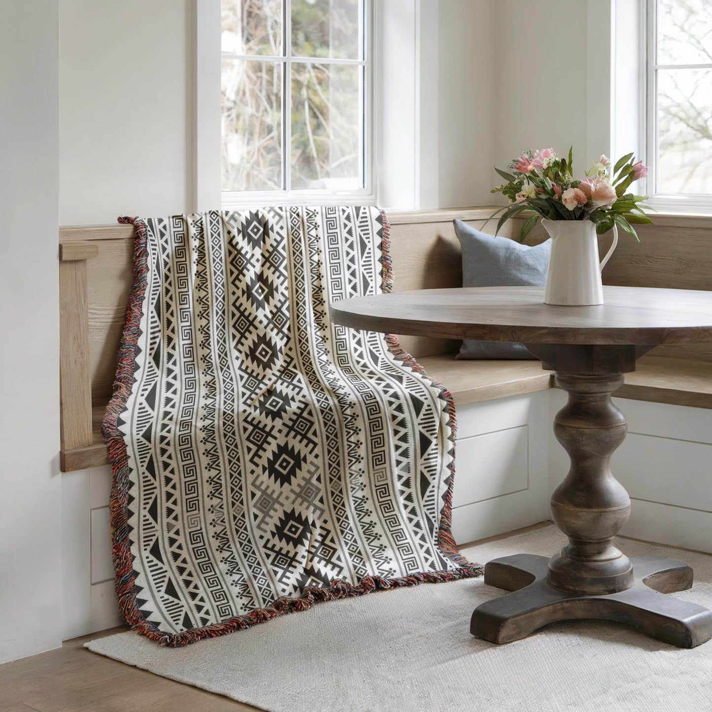 Native American Woven Blanket - Cozy Cotton Throw With Colorful Fringed Edges - timelessbohochic.com