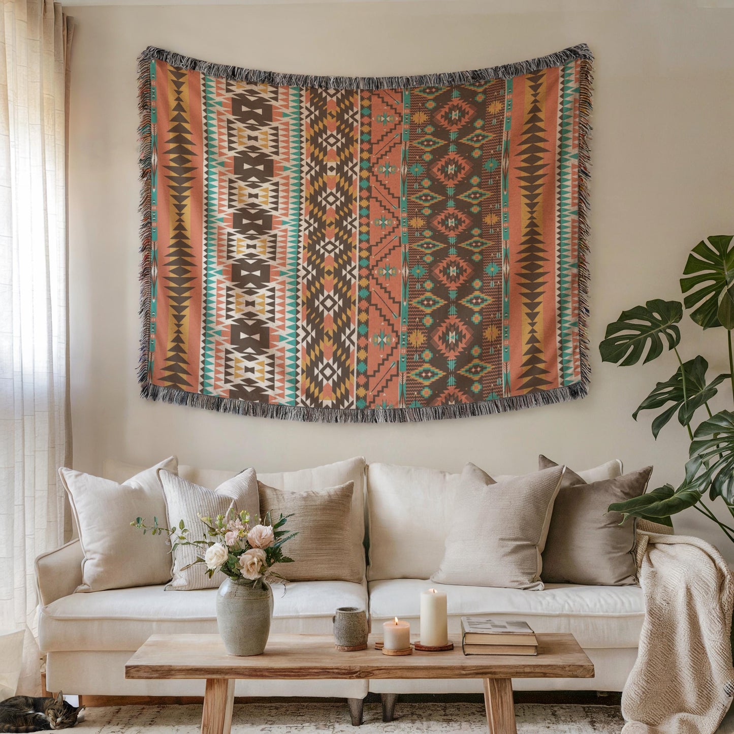 a cozy living room with a large, colorful, patterned tapestry hanging on the wall above a white sofa. The sofa is adorned with several throw pillows, and a wooden coffee table is placed in front of it. A vase of flowers and a book are also present on the coffee table, adding a touch of warmth and homeliness to the space.