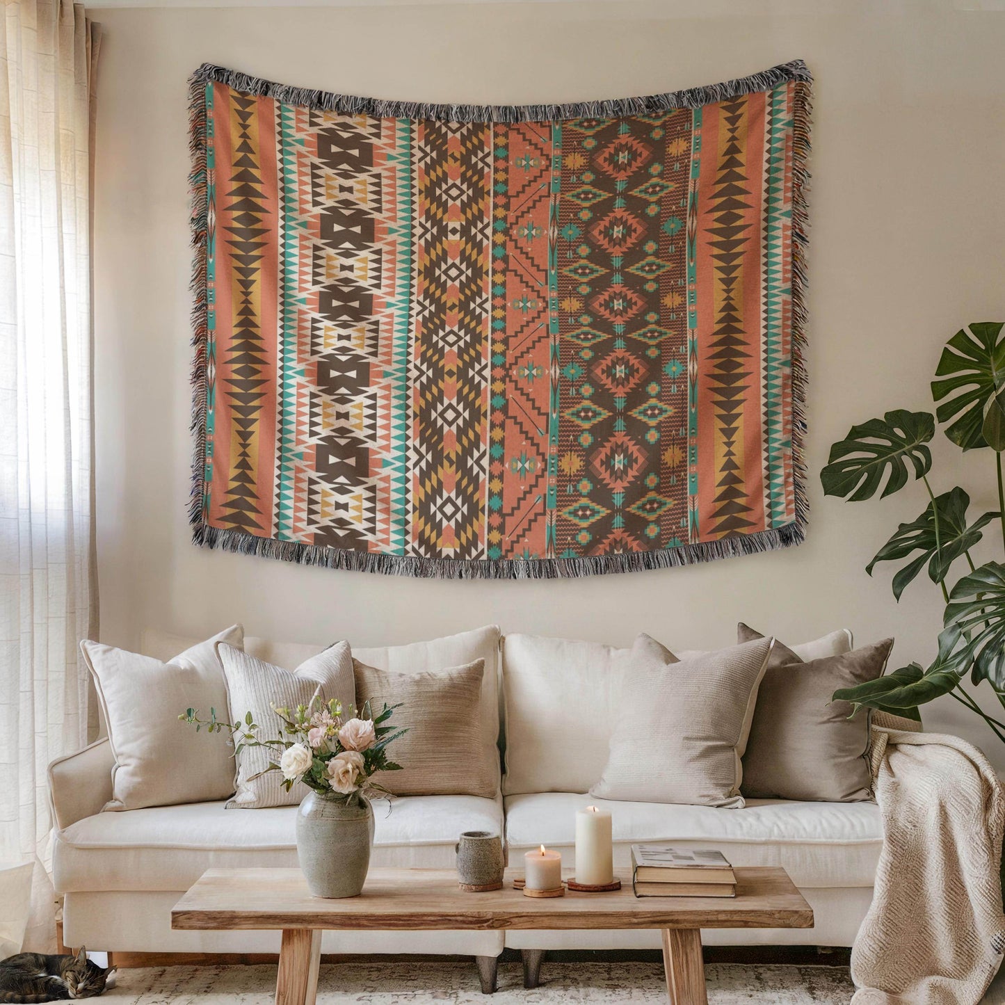 Navajo Pattern Wall Decor - Southwestern Wall Art With Colorful Fringed Throw - timelessbohochic.com