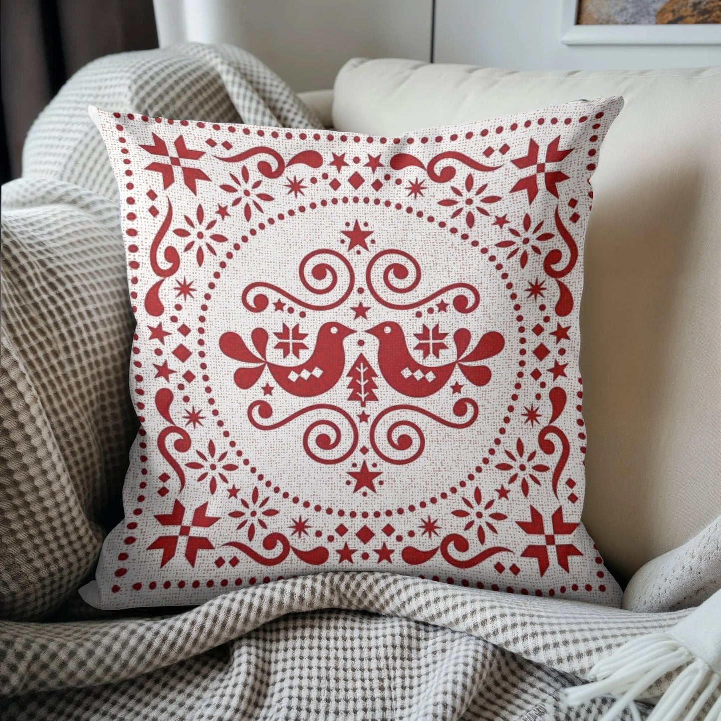 Nordic Woven Cushion - Scandinavian Throw Pillow With Rustic Red Bird Design