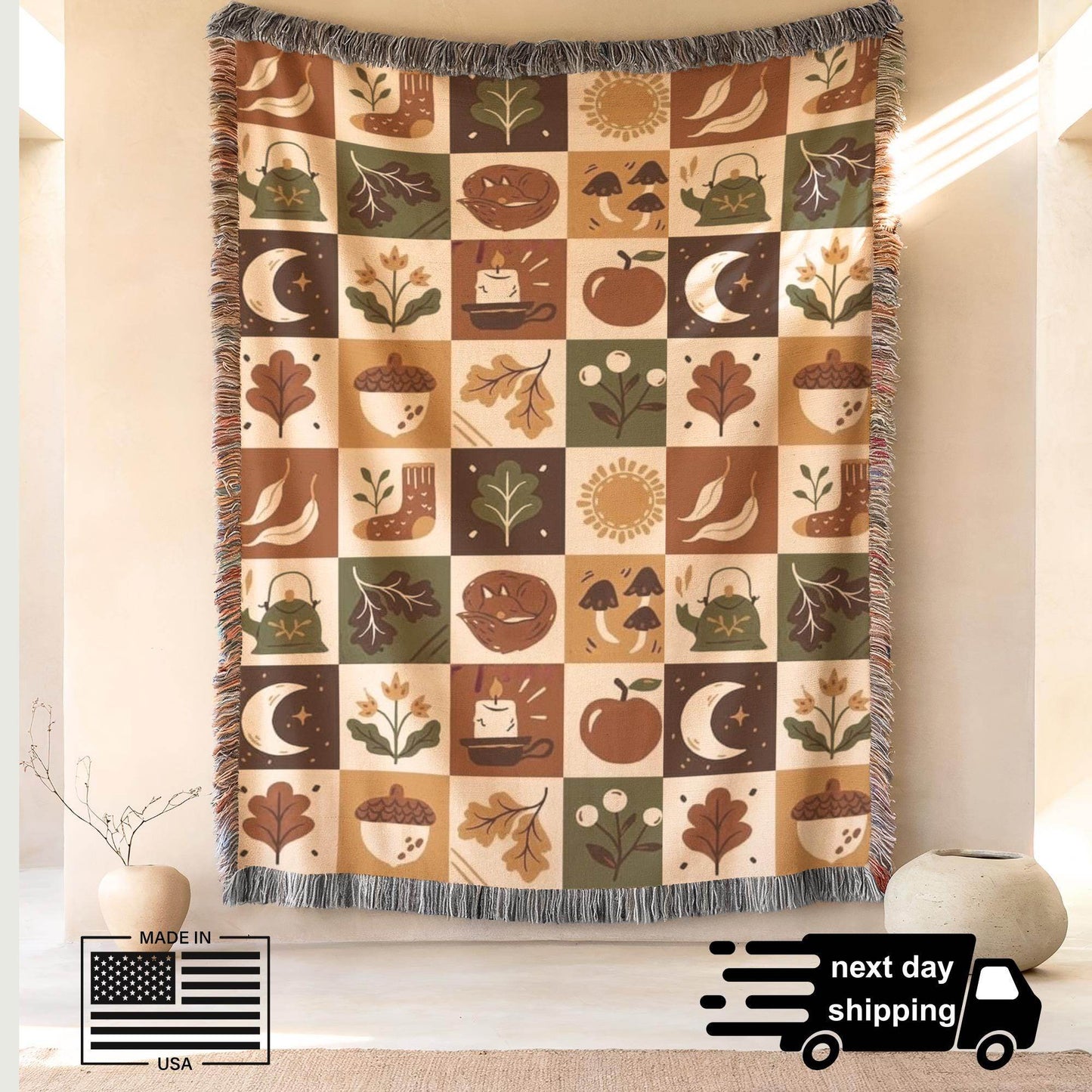 Fall Woven Blanket - Cozy Patchwork Throw with Colorful Fringed Edges, Autumn Bedding Quilt - timelessbohochic.com