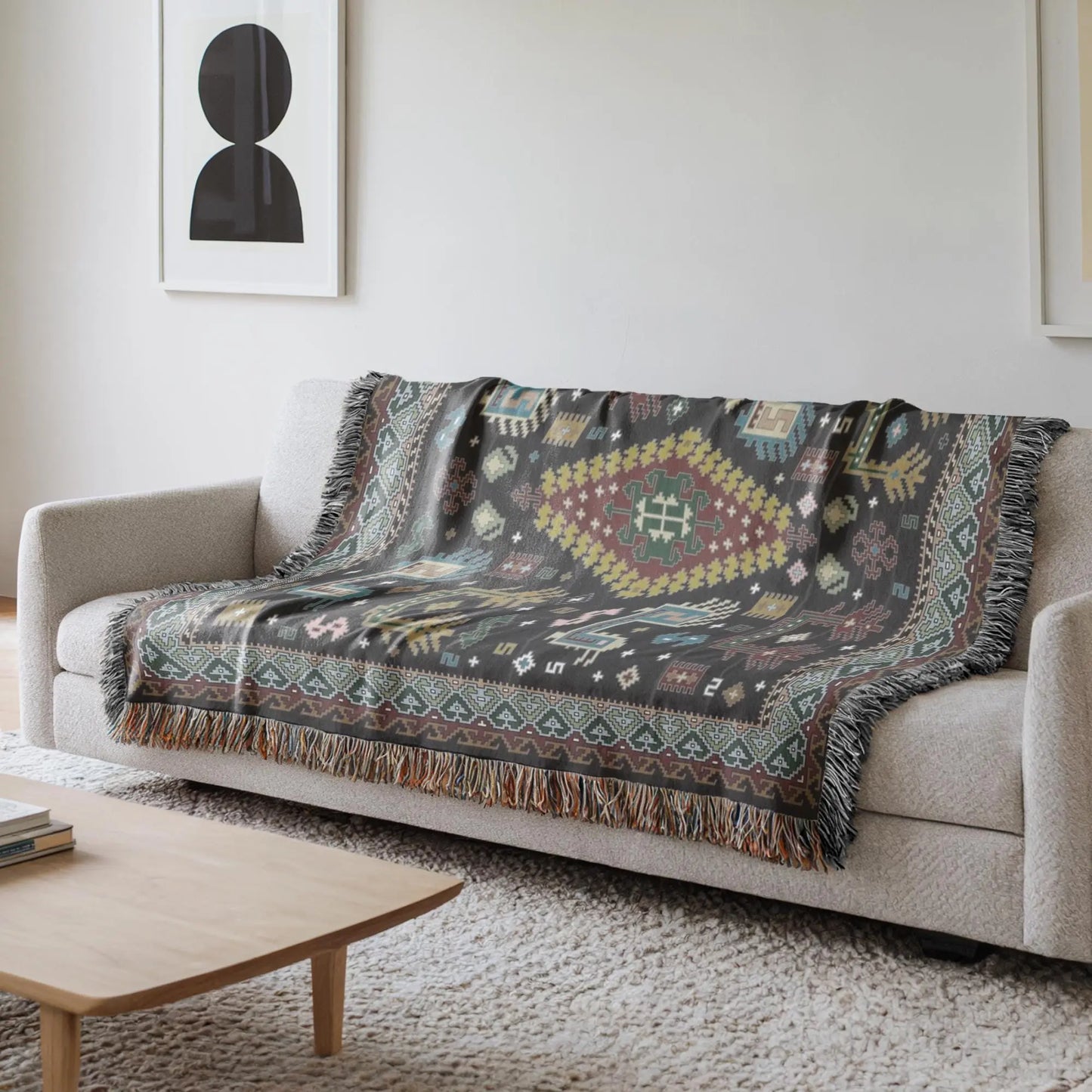 Bohemian Throw Blanket - Woven Cotton Caucasian Rug with Colorful Fringed Edges
