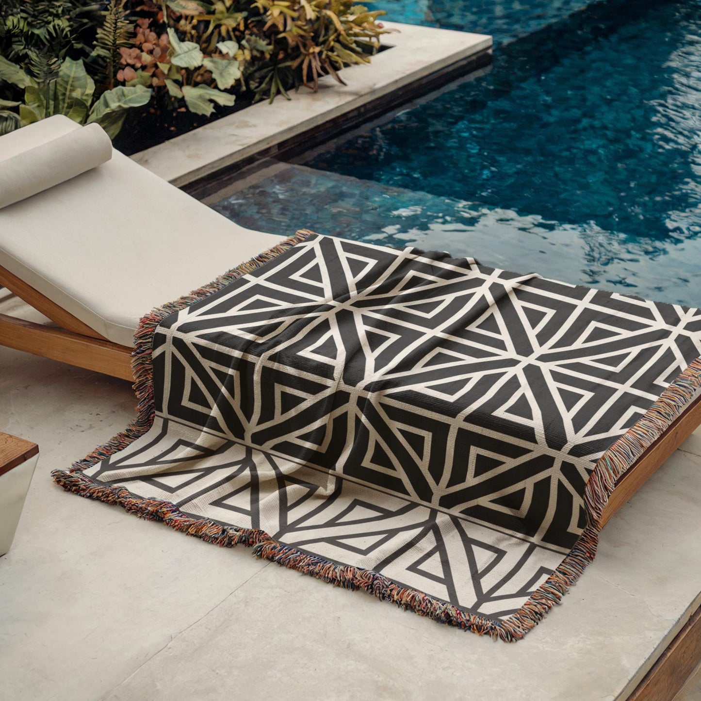 Woven Cotton Blanket - Modern Black White Geometric Pattern Throw With Fringed Edges