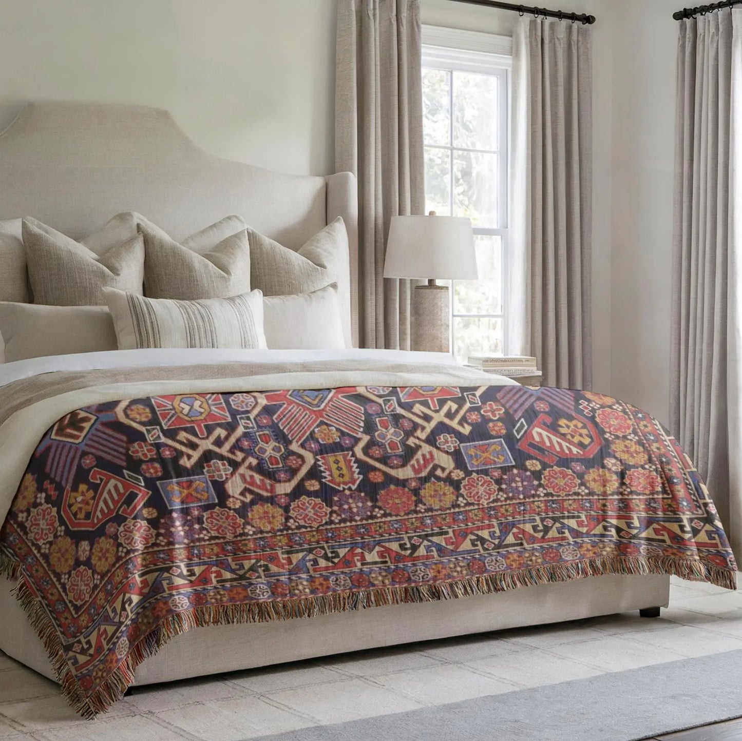 Cotton Throw Blanket – Boho Turkish Rug Patterned Woven Textile with Fringed Edges