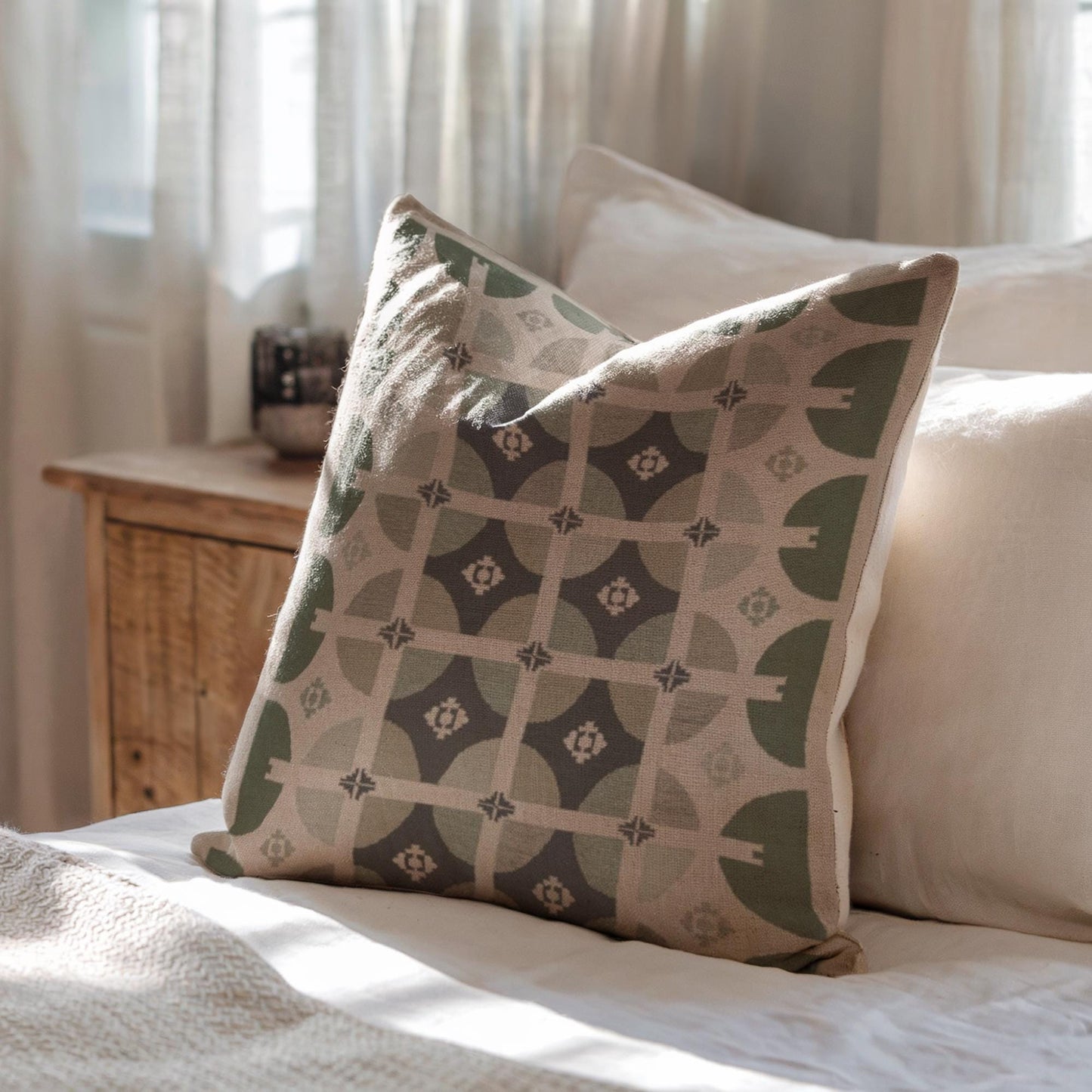 Modern Woven Pillow | Square Throw Pillow With Green Beige Design - Stylish Home Decor