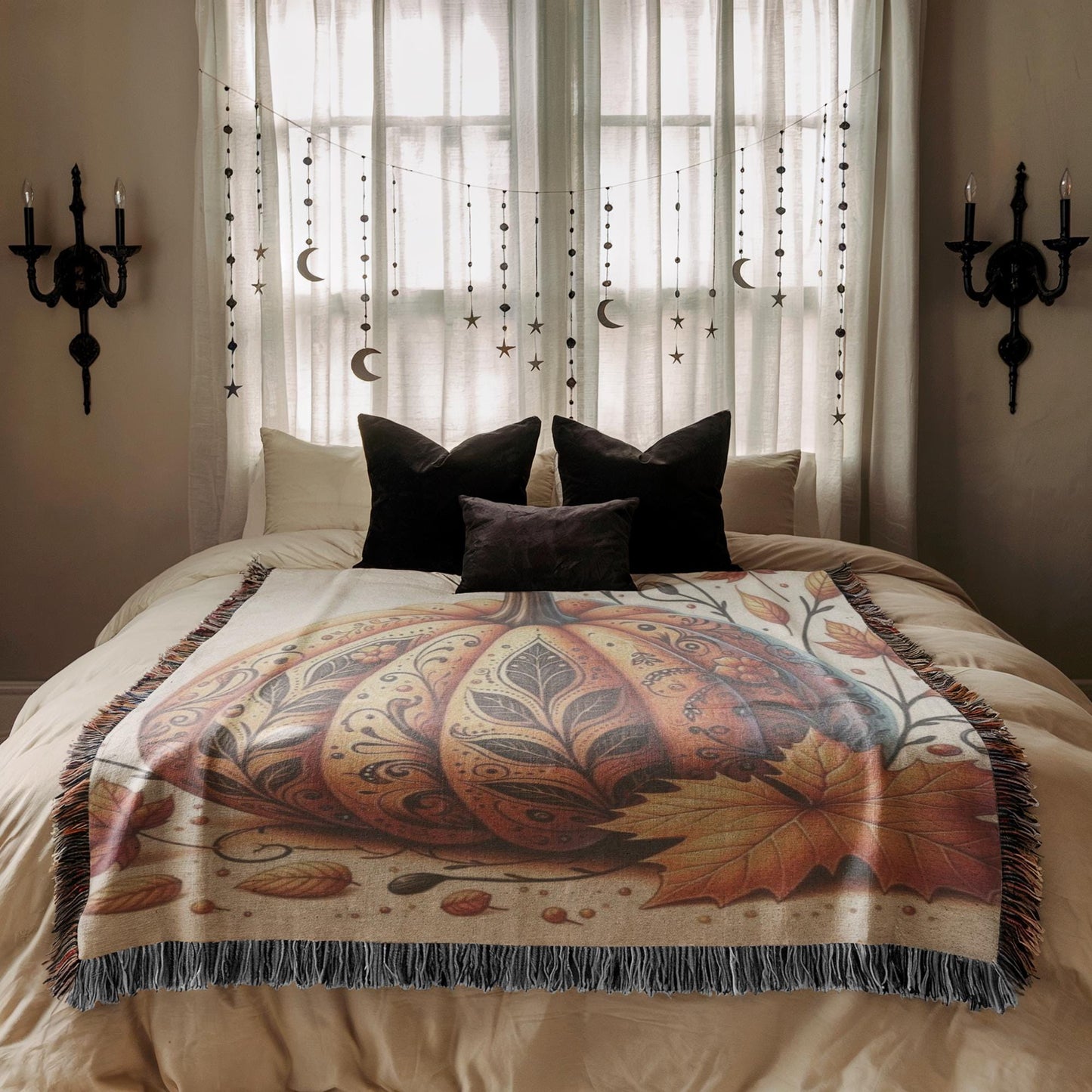 Thanksgiving Pumpkin Blanket - Woven Throw With Tattooed Pumpkin Design, Cozy Fall Decor