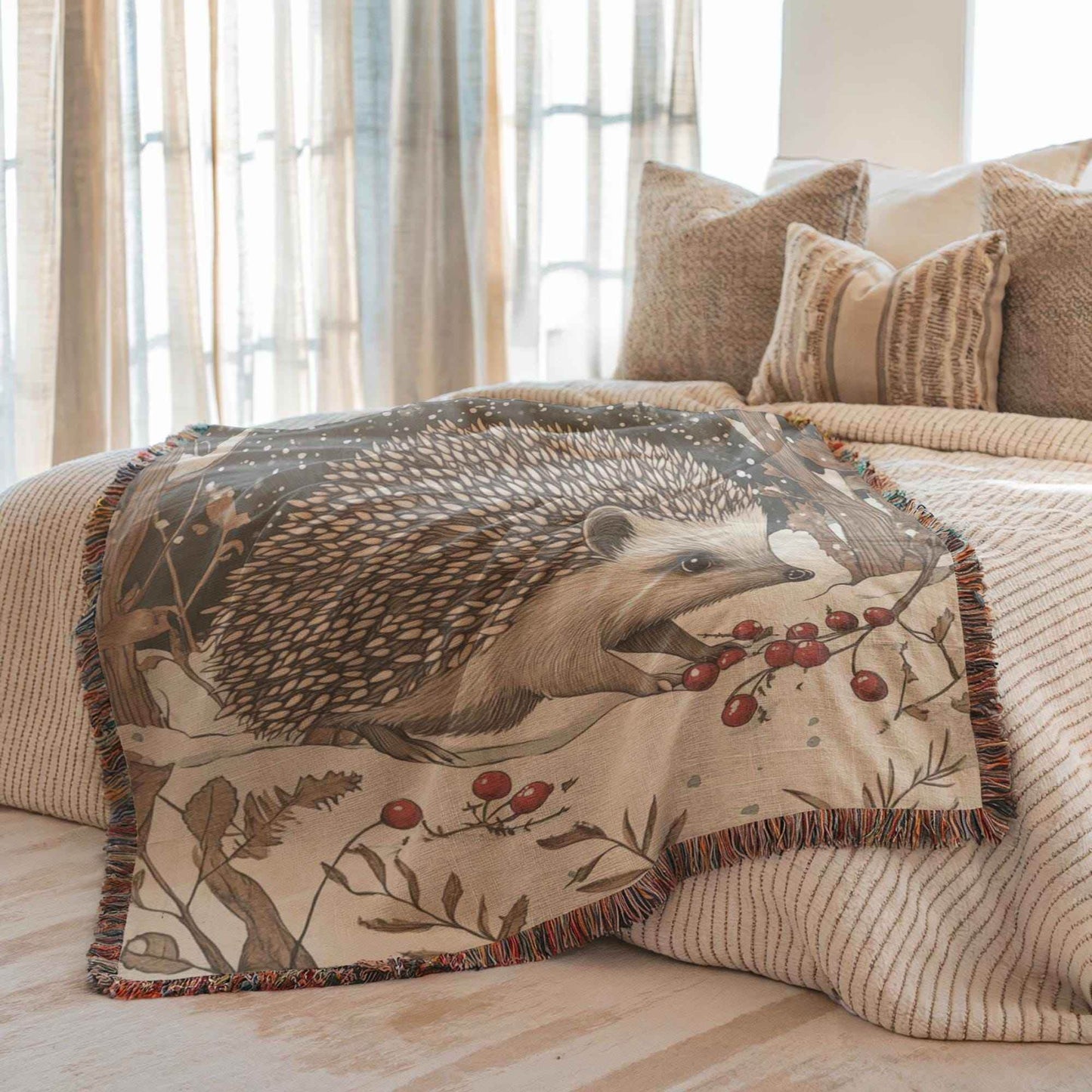 Hedgehog Bed Blanket – Cozy Cotton Throw with Festive Woodland Animal Design - timelessbohochic.com