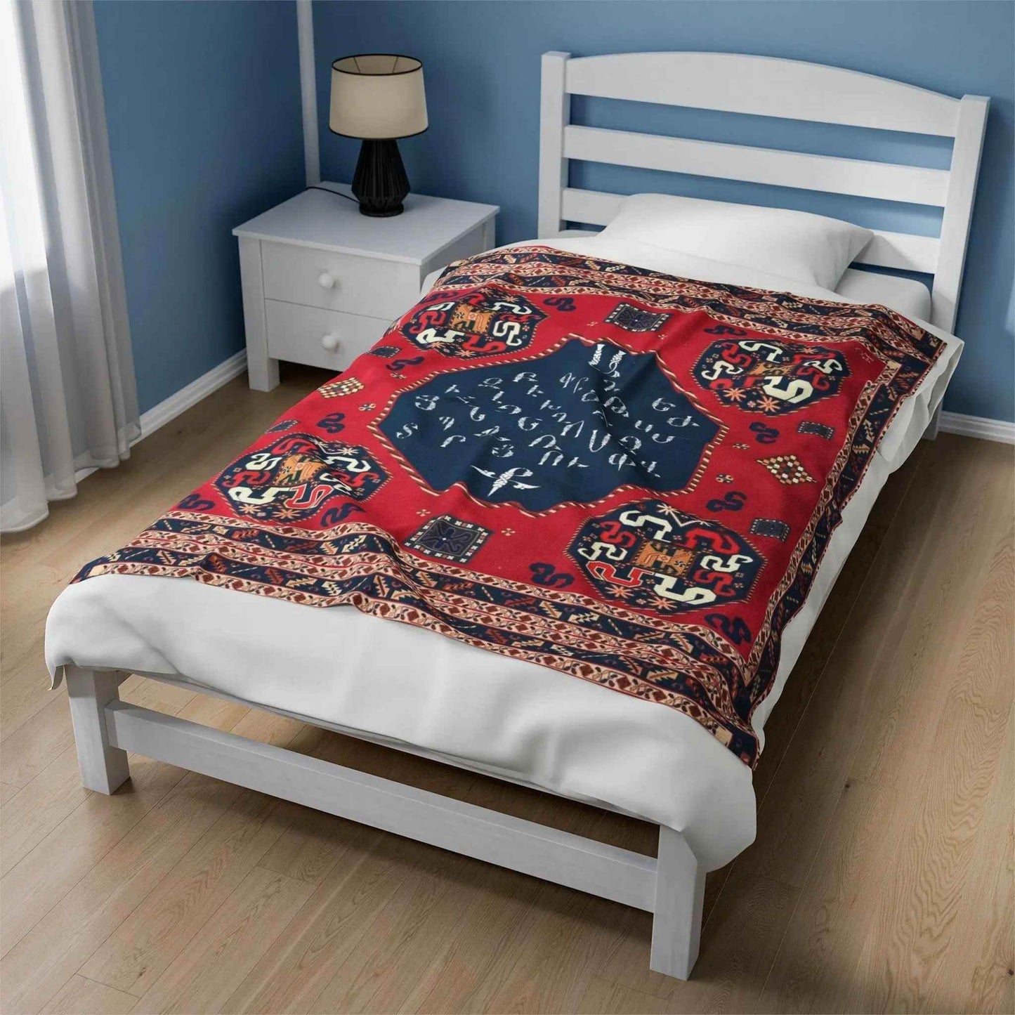 Velveteen Plush Blanket - Armenian Alphabet Design Boho Throw Blanket for Cozy Warmth - timelessbohochic.com