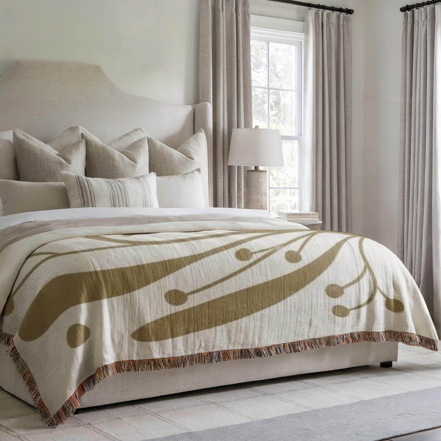 Linden Leaf Woven Blanket - Mid Century Throw With Botanical Pattern & Cozy Cotton - timelessbohochic.com