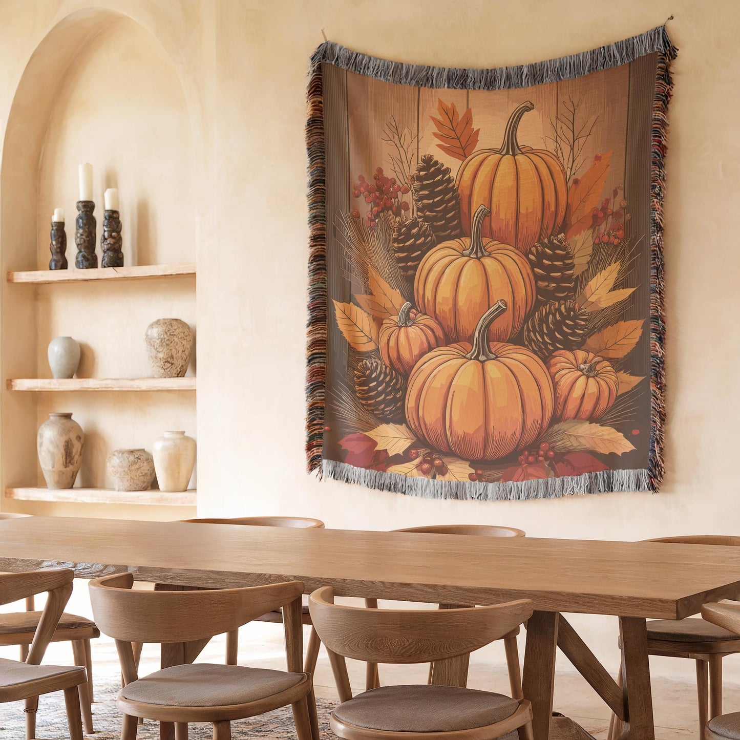 Fall Decor Thanksgiving Art Tapestry with Pumpkins Wall Hanging, Autumn Harvest Season Gift Fall Textile Wall Art for Home Decor & Fireplace