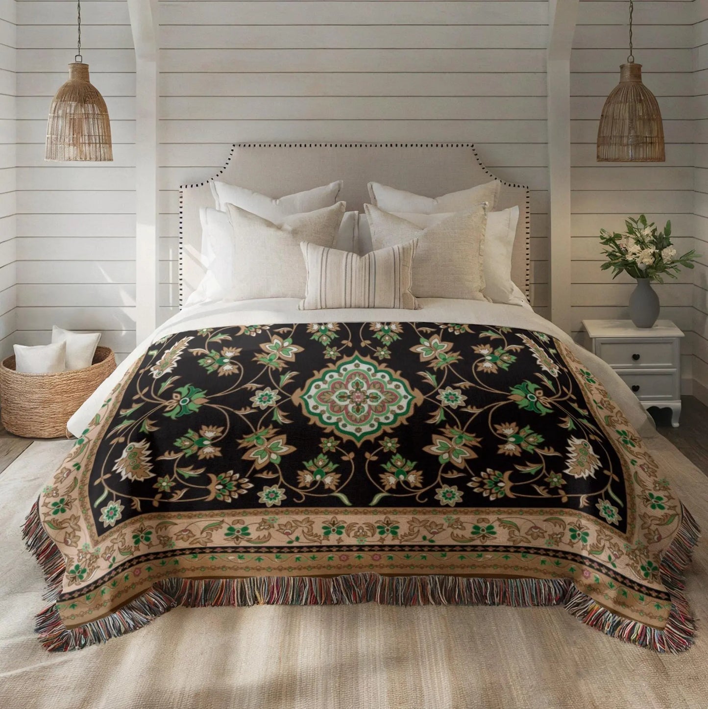 Turkish Rug Throw – Soft Cotton Kilim Blanket With Colorful Fringed Edges