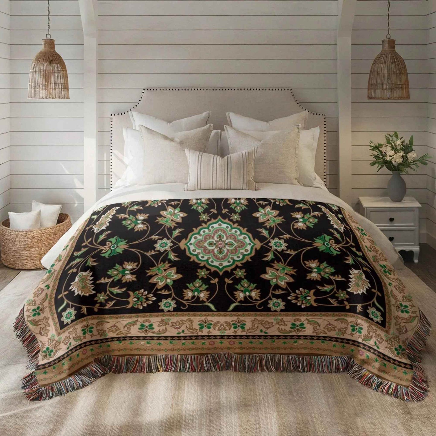 Turkish Rug Throw – Soft Cotton Kilim Blanket With Colorful Fringed Edges - timelessbohochic.com