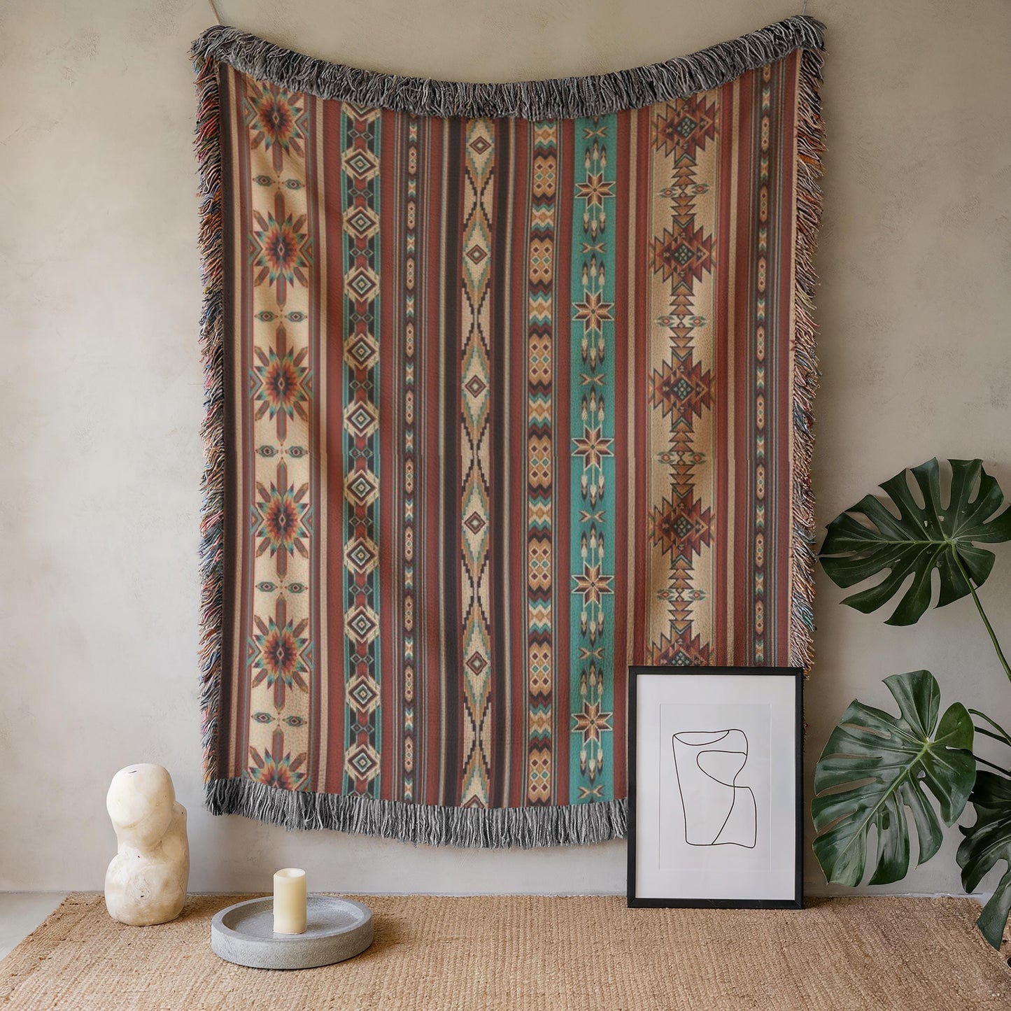 Navajo Pattern Woven Tapestry, Southwestern Design Wall Hanging, Native American Textile Art, Ethnic Home Decor, Tribal Boho Decor,