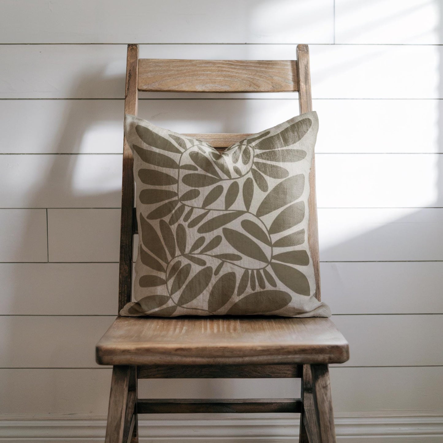 Woven Pillow - Mid Century Cushion with Scandi Leaves Pattern | Durable Cotton Blend