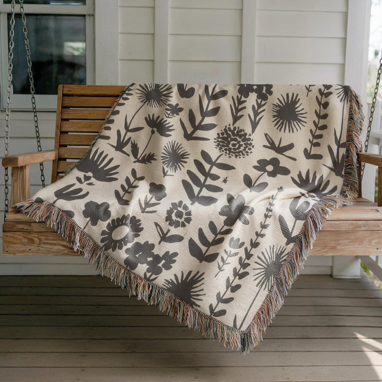Wildflowers Meadow Throw - Cozy Cotton Blanket With Botanical Print & Colorful Fringed Edges