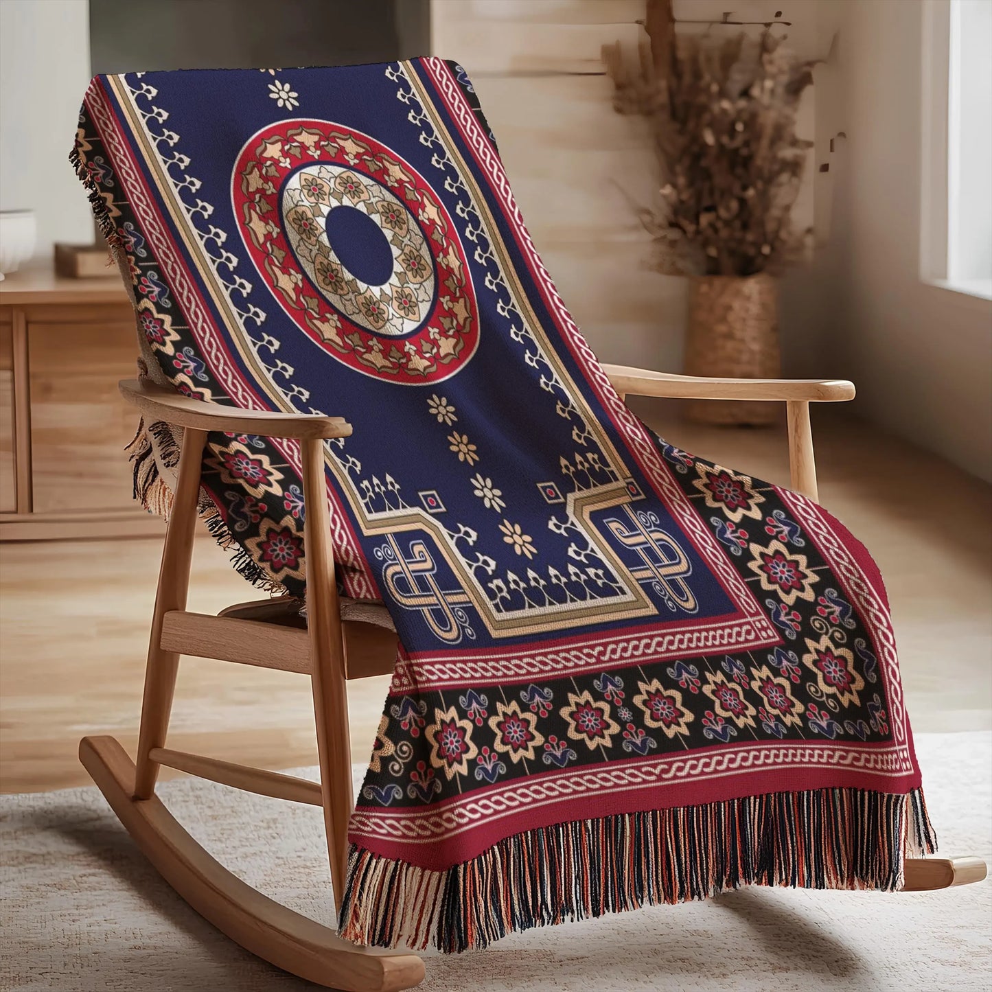 Woven Kilim Blanket - Bohemian Couch Throw With Persian Rug Pattern & Colorful Fringed Edges