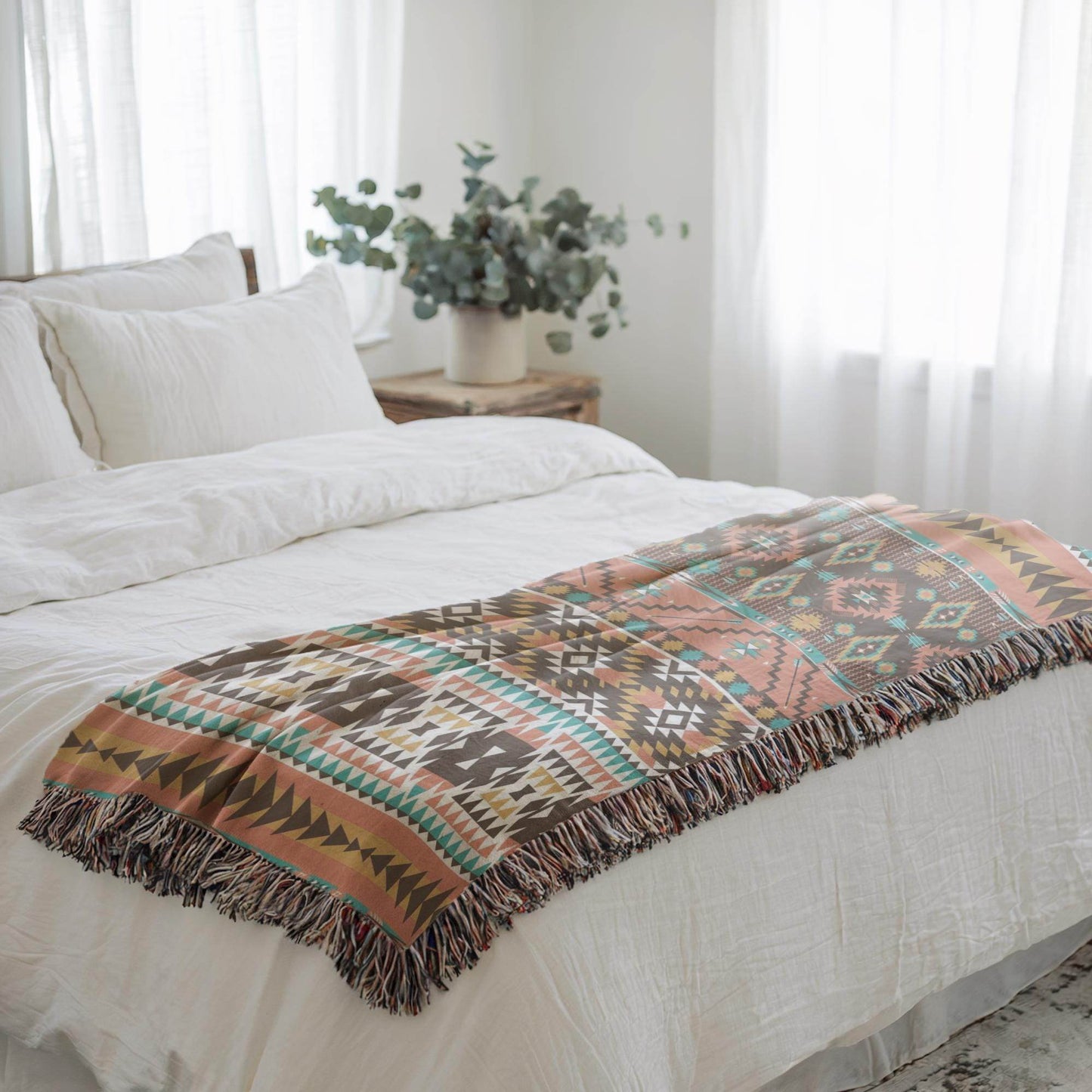 Navajo Pattern Blanket - Southwestern Bed Throw With Colorful Fringed Edges - timelessbohochic.com