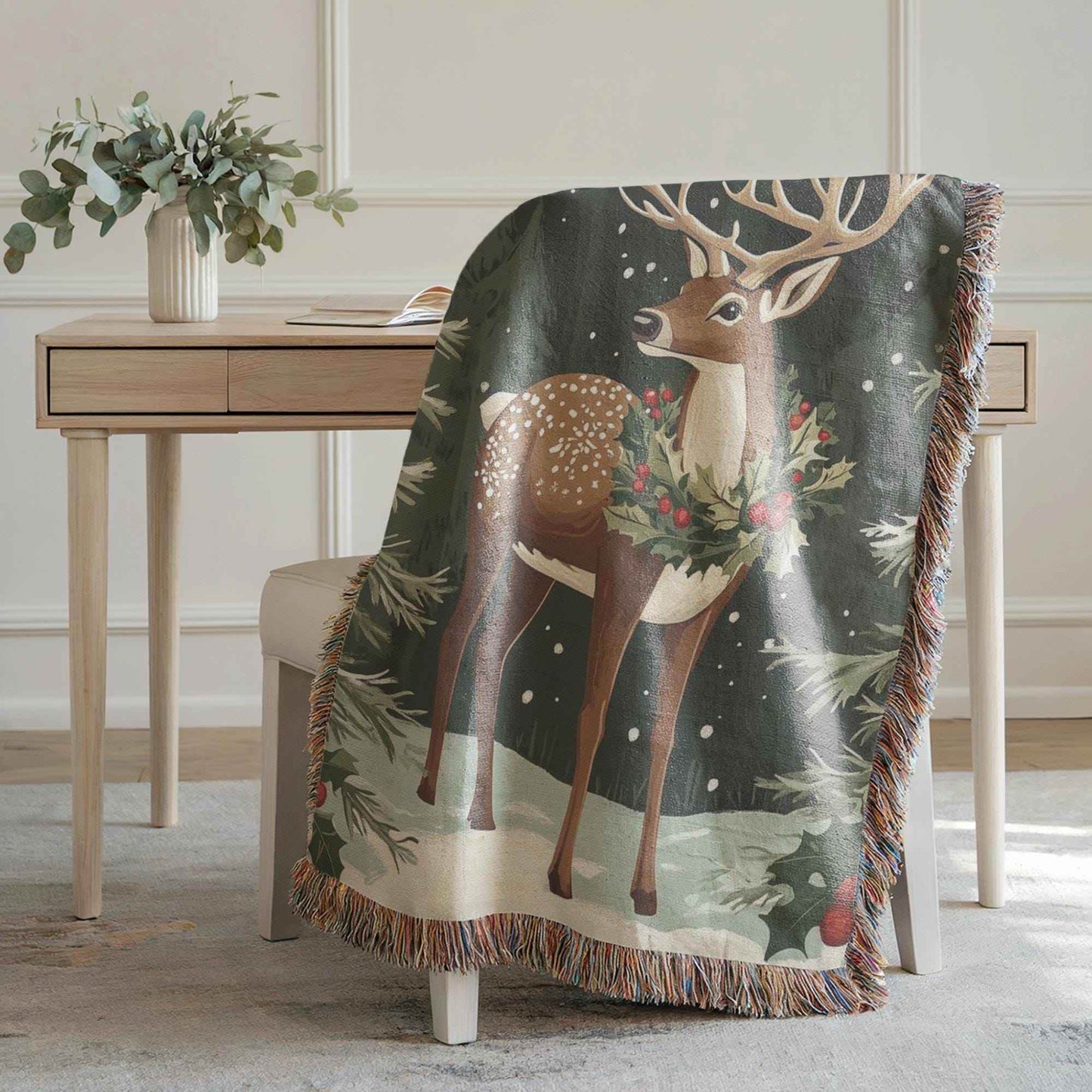 Christmas Woven Blanket – Cozy Winter Decor | Large Cotton Throw with Woodland Creature Design - timelessbohochic.com