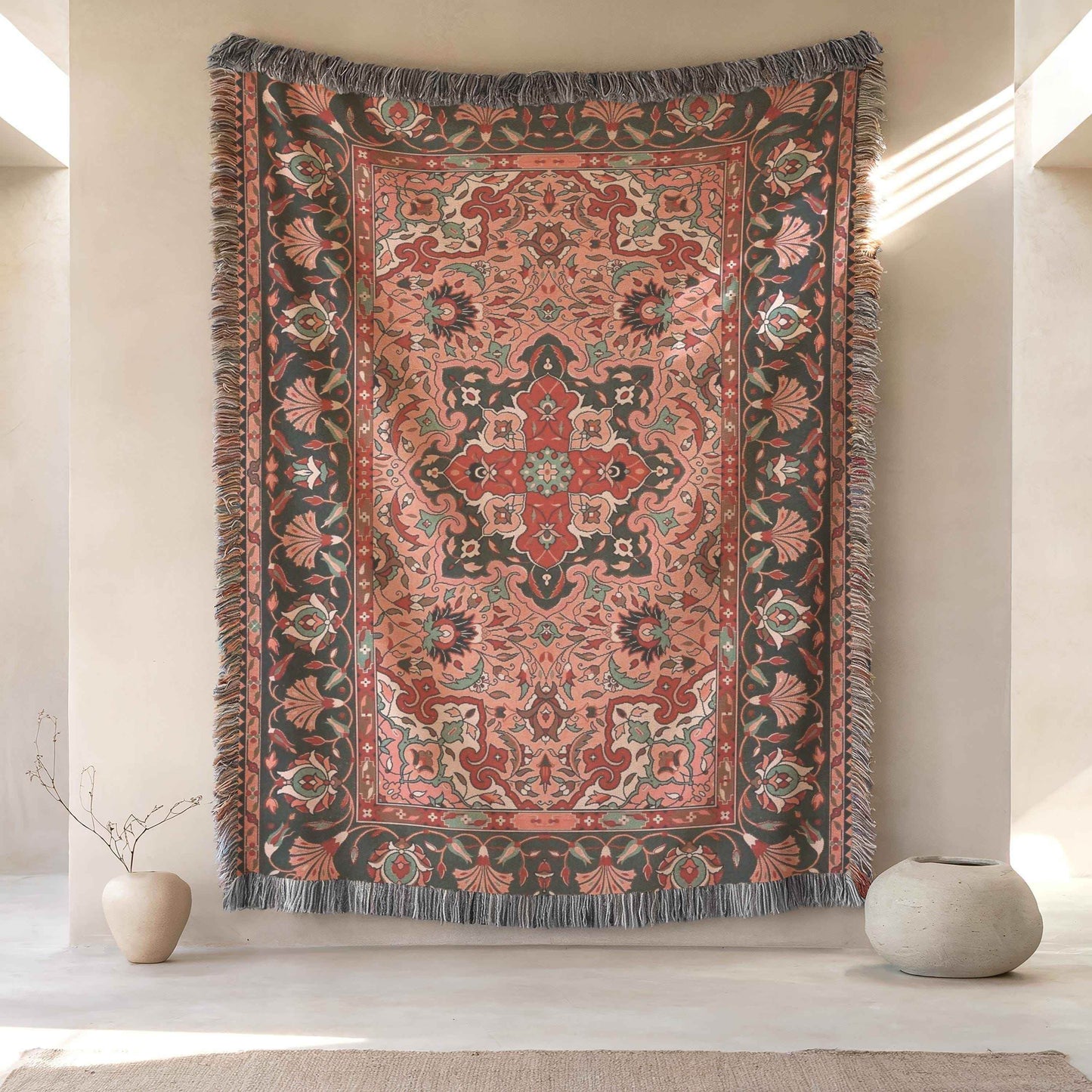 Cotton Wall Hanging – Turkish Rug Tapestry with Anatolian Carpet Design | Boho Home Decor - timelessbohochic.com