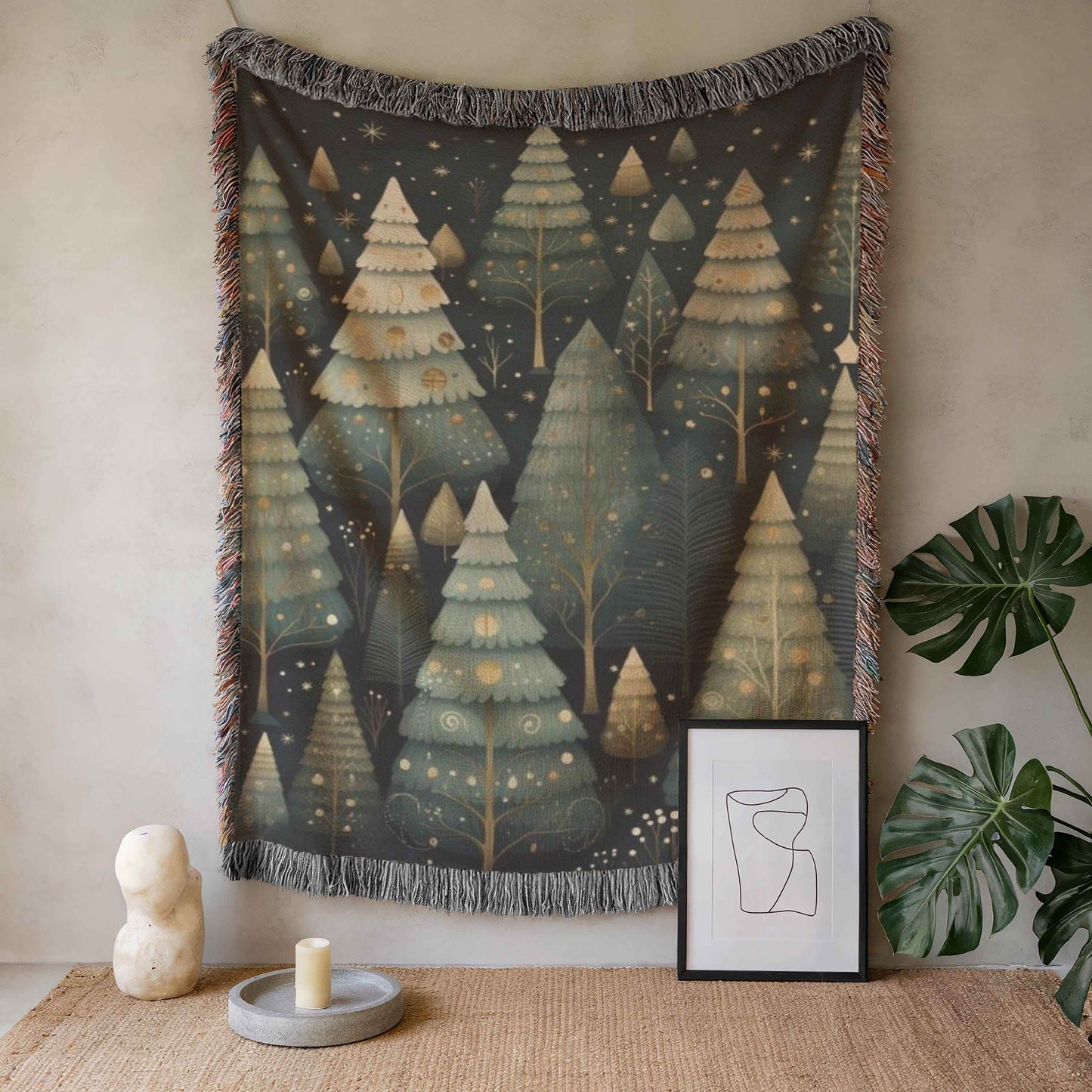 Festive Forest Wall Tapestry – Woven Cotton Blanket with Christmas Trees & Fringed Edges - timelessbohochic.com