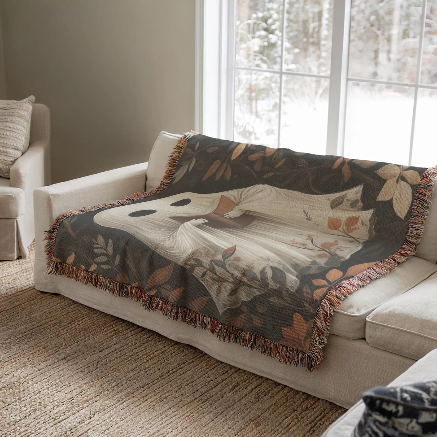 Cute Ghost Throw Blanket - Cozy Fall Cotton Woven Throw With Colorful Fringed Edges