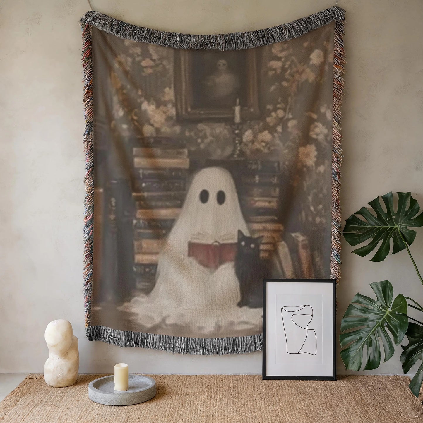 Ghost Cat Blanket – Cozy Throw With Cute Ghost Design | Warm Cotton Woven Blanket