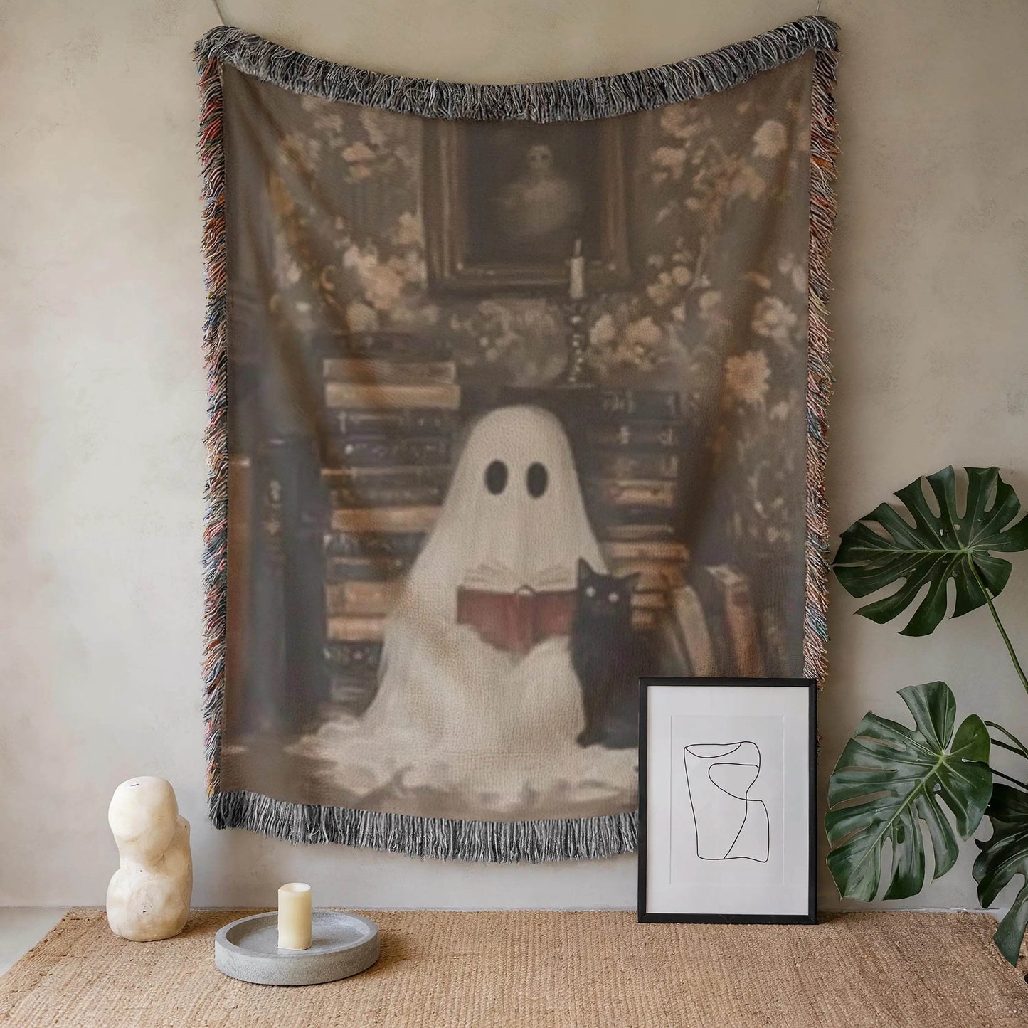 Ghost Cat Blanket – Cozy Throw With Cute Ghost Design | Warm Cotton Woven Blanket - timelessbohochic.com