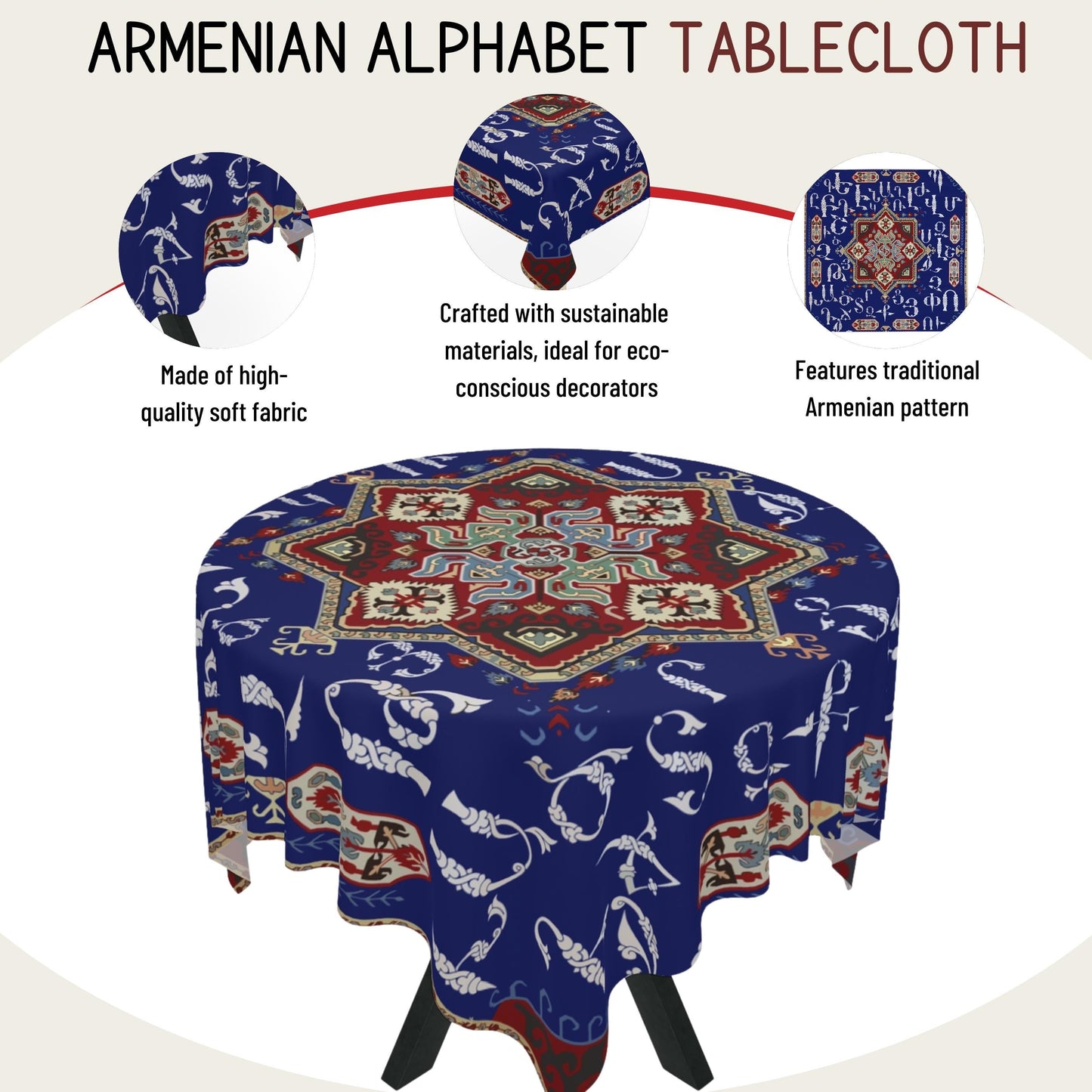 Armenian Art Tablecloth - Blue White Armenian Alphabet Cloth | Unique Ethnic Dining Decor