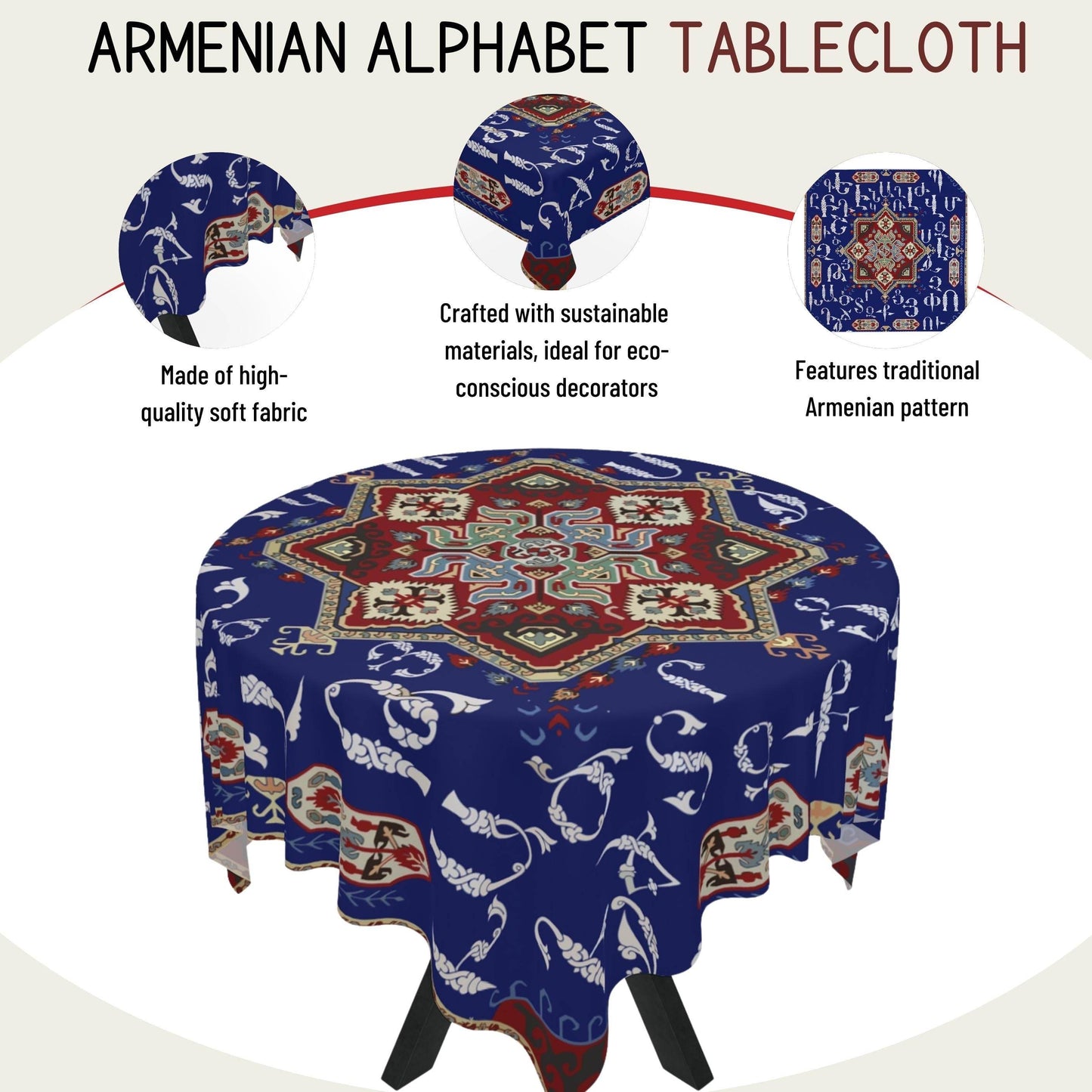 Armenian Alphabet Tablecloth - Blue White Armenian Art Cloth | Unique Ethnic Dining Decor - timelessbohochic.com