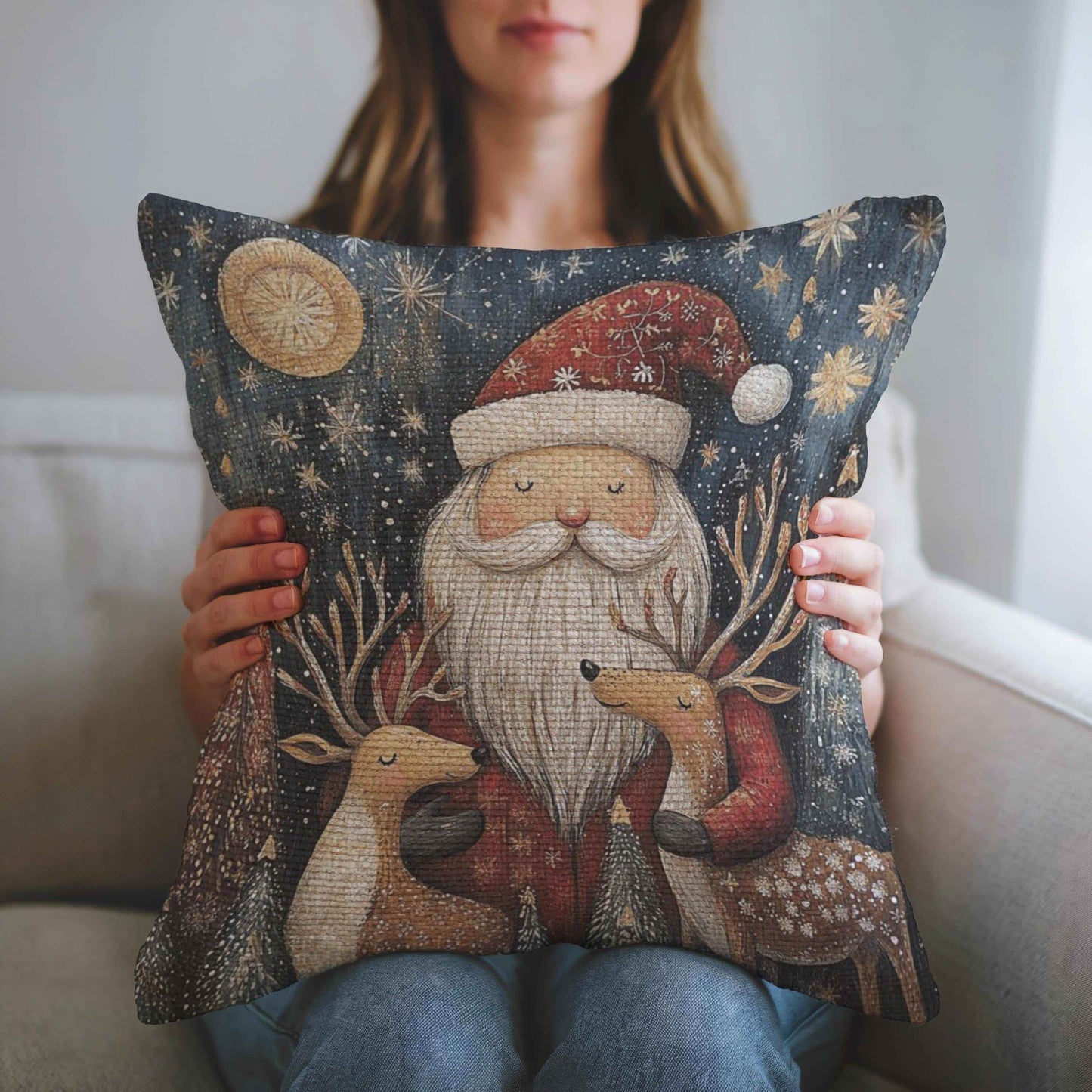 Christmas Santa Pillow - Festive Throw Pillow With Santa And Reindeer Design - timelessbohochic.com