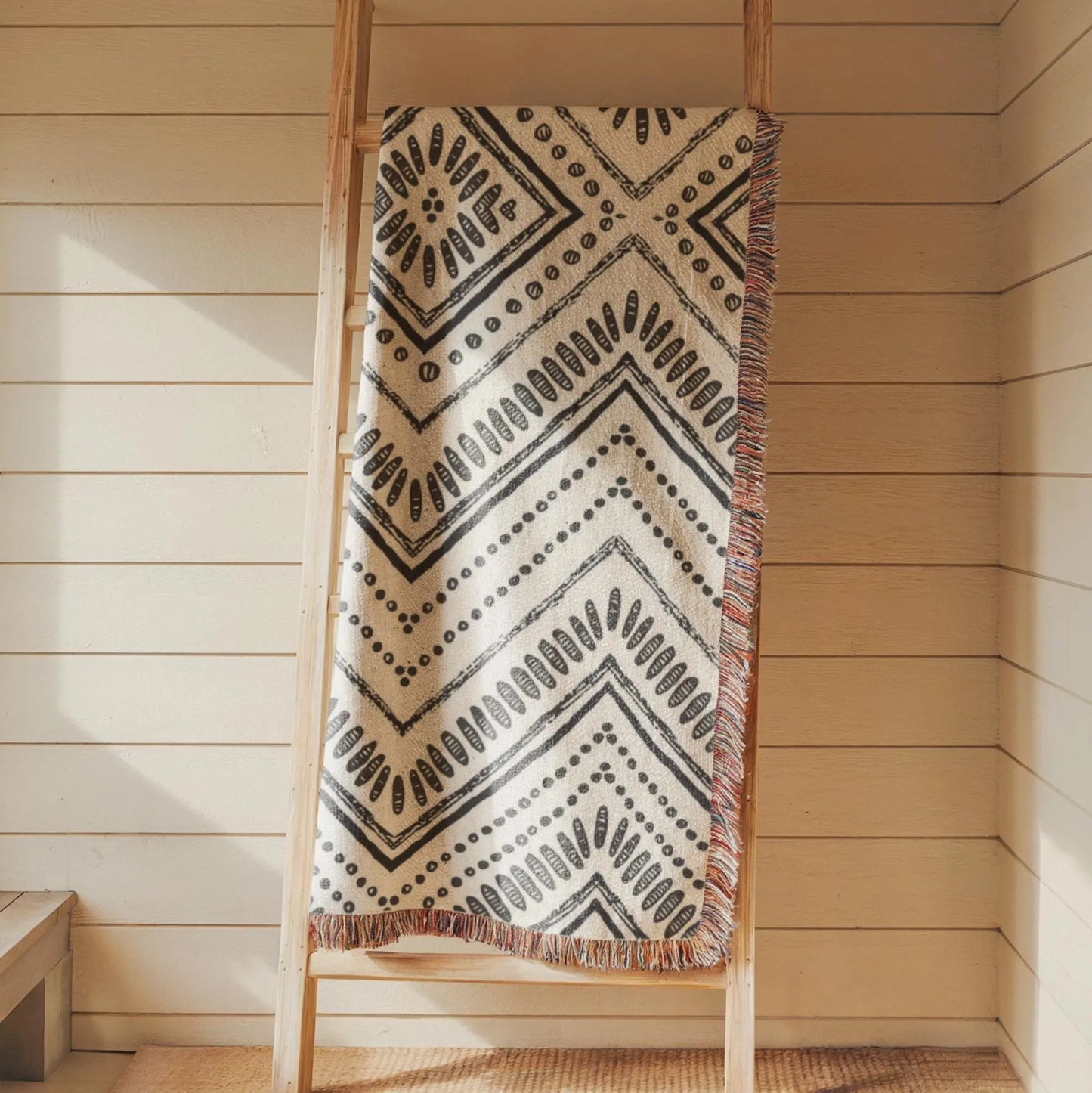 Woven Cotton Throw - Black White Tribal Ikat Blanket | Minimalist Geometric Decor