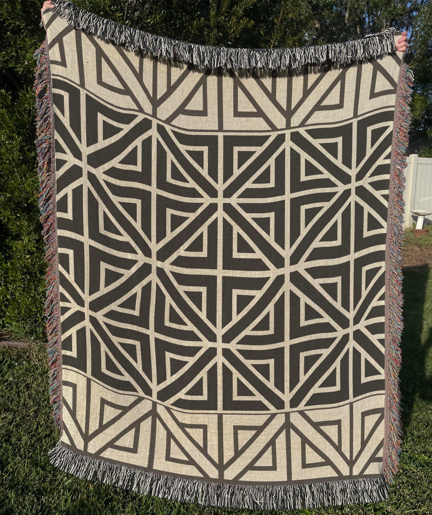 Woven Cotton Blanket - Modern Black White Geometric Pattern Throw With Fringed Edges