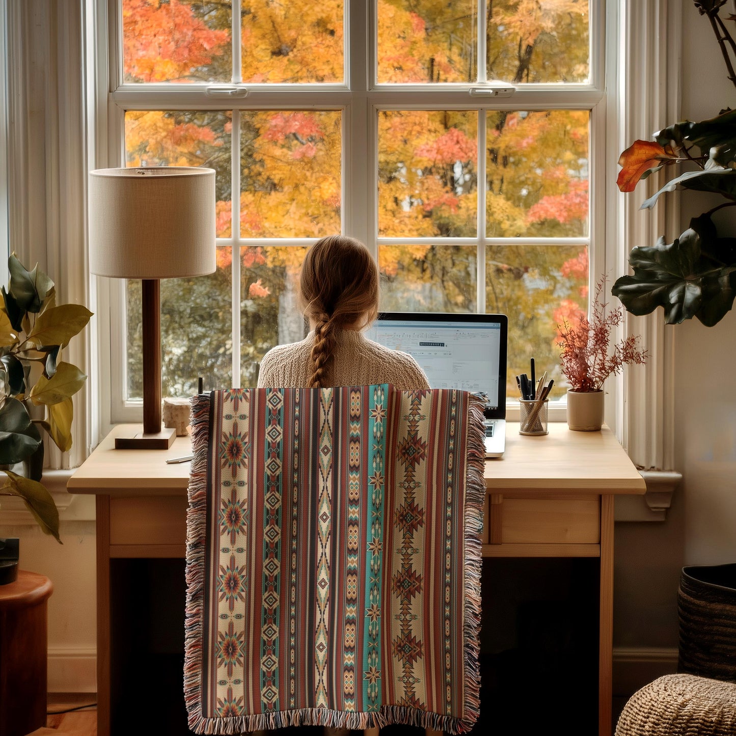 Native American Blanket – Navajo Pattern Throw With Colorful Fringed Edges