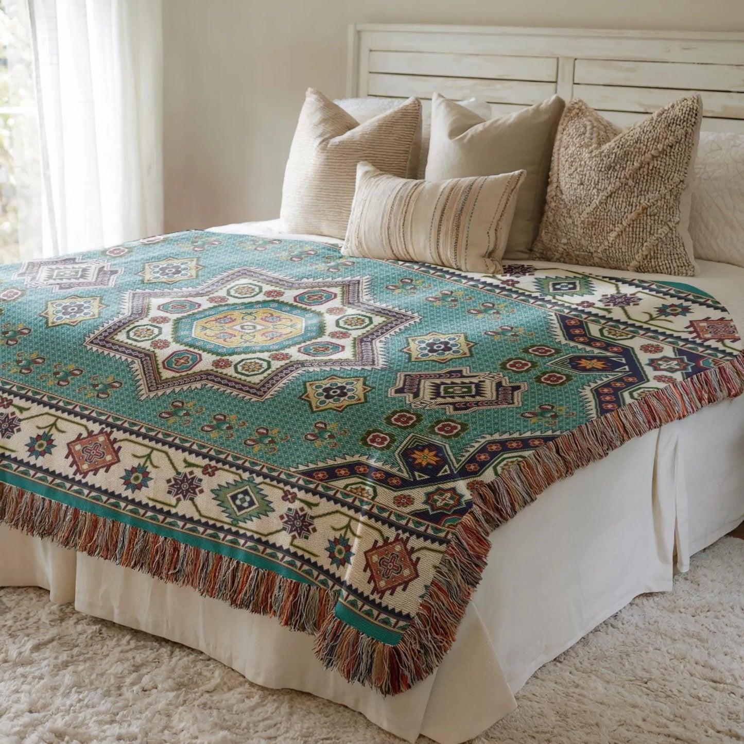 Cotton Throw Blanket - Persian Rug Throw with Pink Green Blanket, Boho Woven Bedspread
