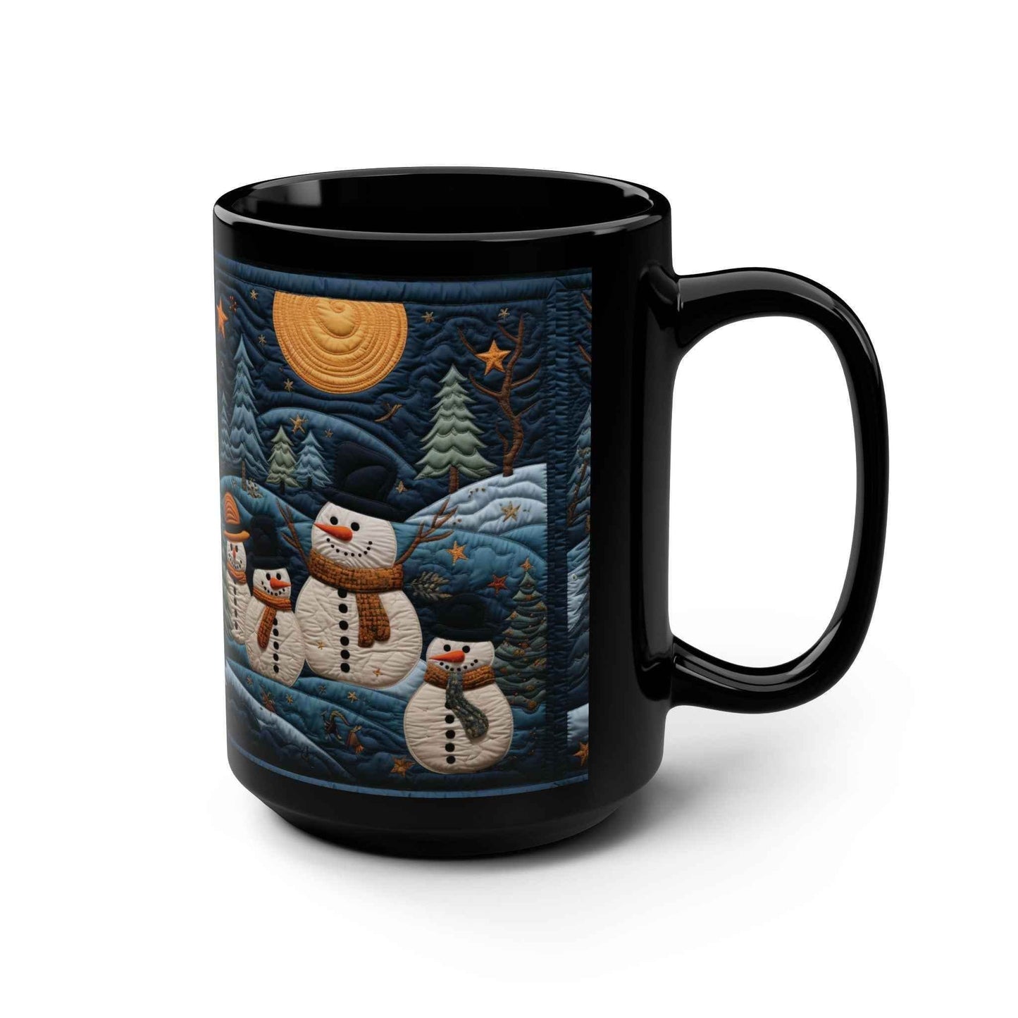 Chai Latte Mug - Black Ceramic Mug with Snowmen & Trees | 15 Ounce Glossy Finish - timelessbohochic.com