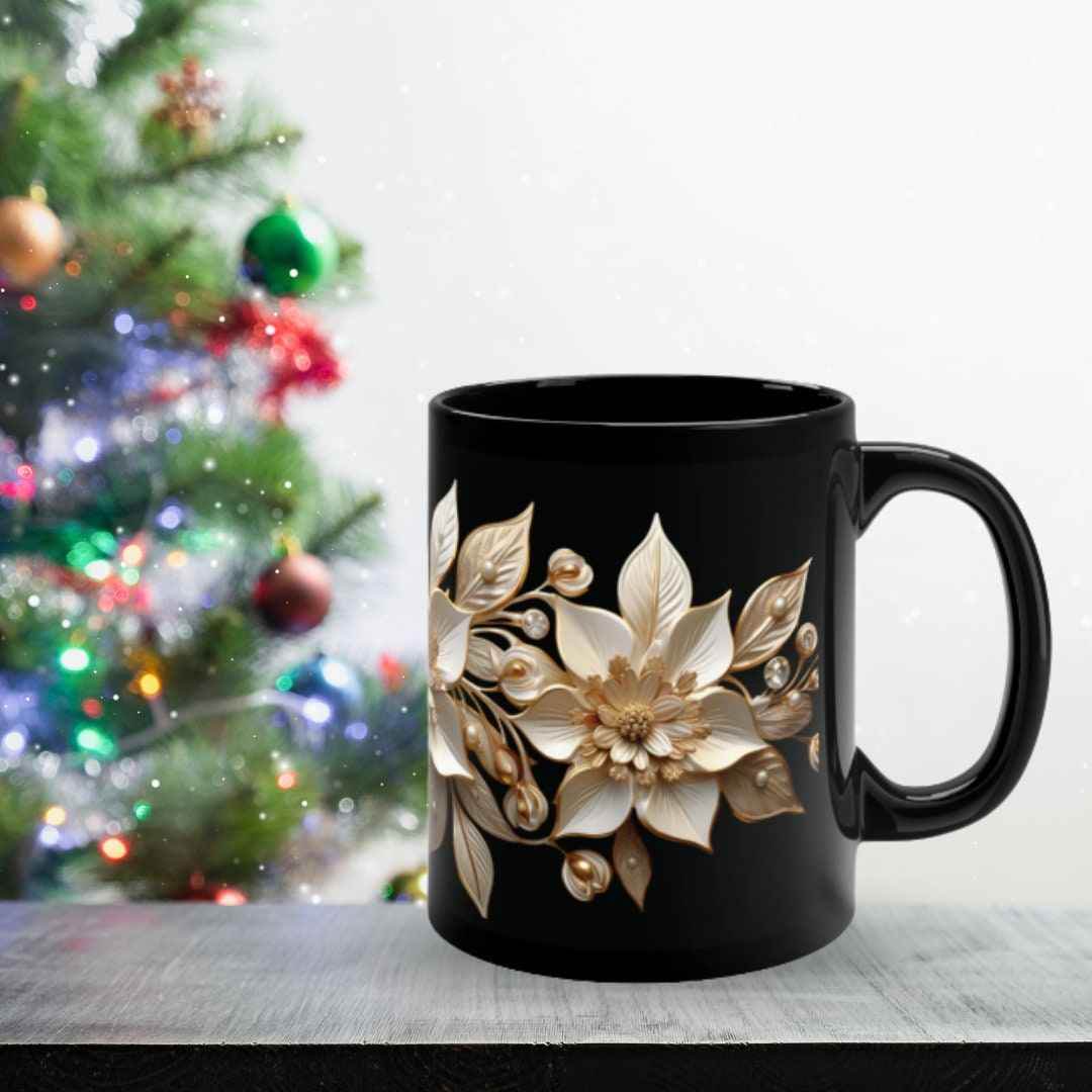 Gold Ceramic Mug – 11oz White Ceramic Cup With Poinsettia Coffee Design - timelessbohochic.com