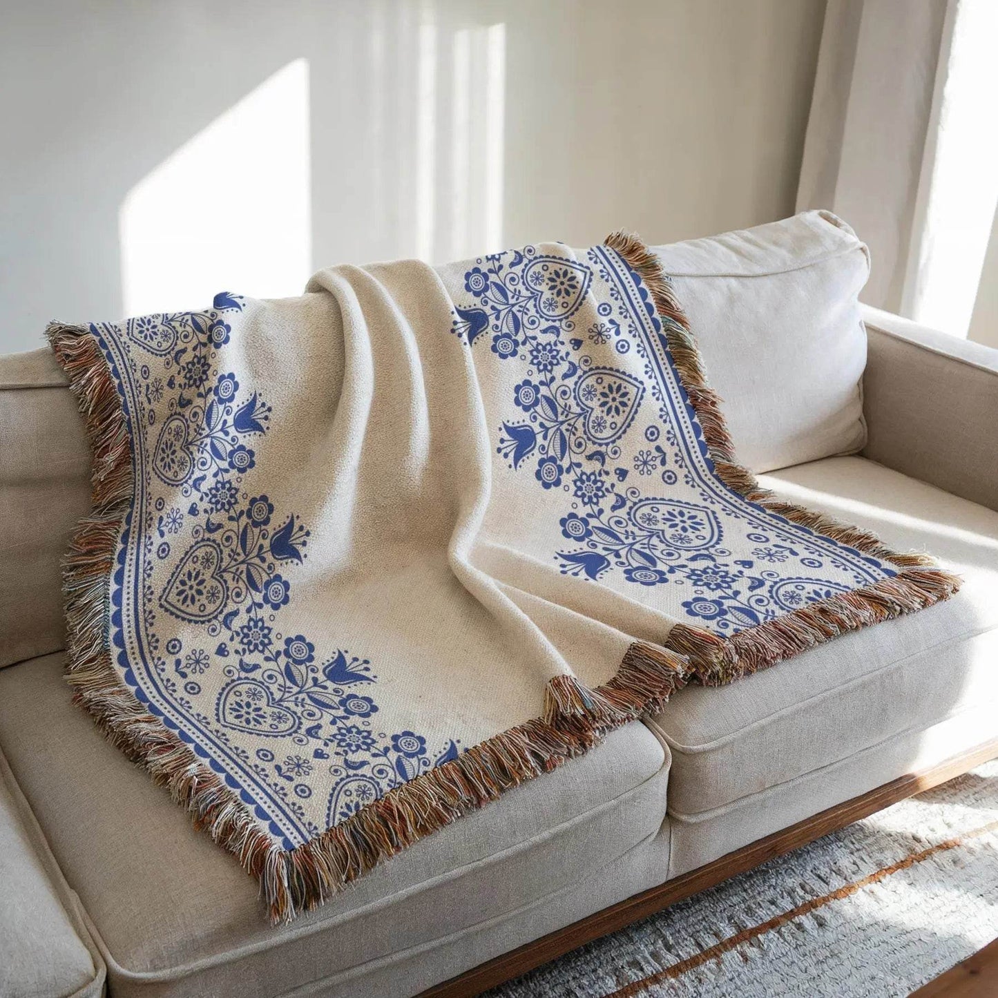Swedish Woven Blanket – Cozy Scandinavian Throw With Hearts And Tulips Design - timelessbohochic.com