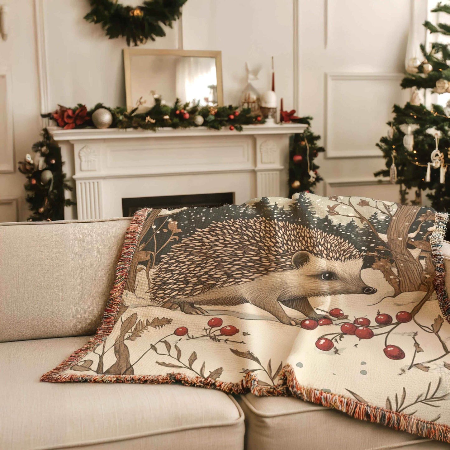 Woodland Creature Blanket - Cozy Cotton Woven Throw With Hedgehog Design - timelessbohochic.com