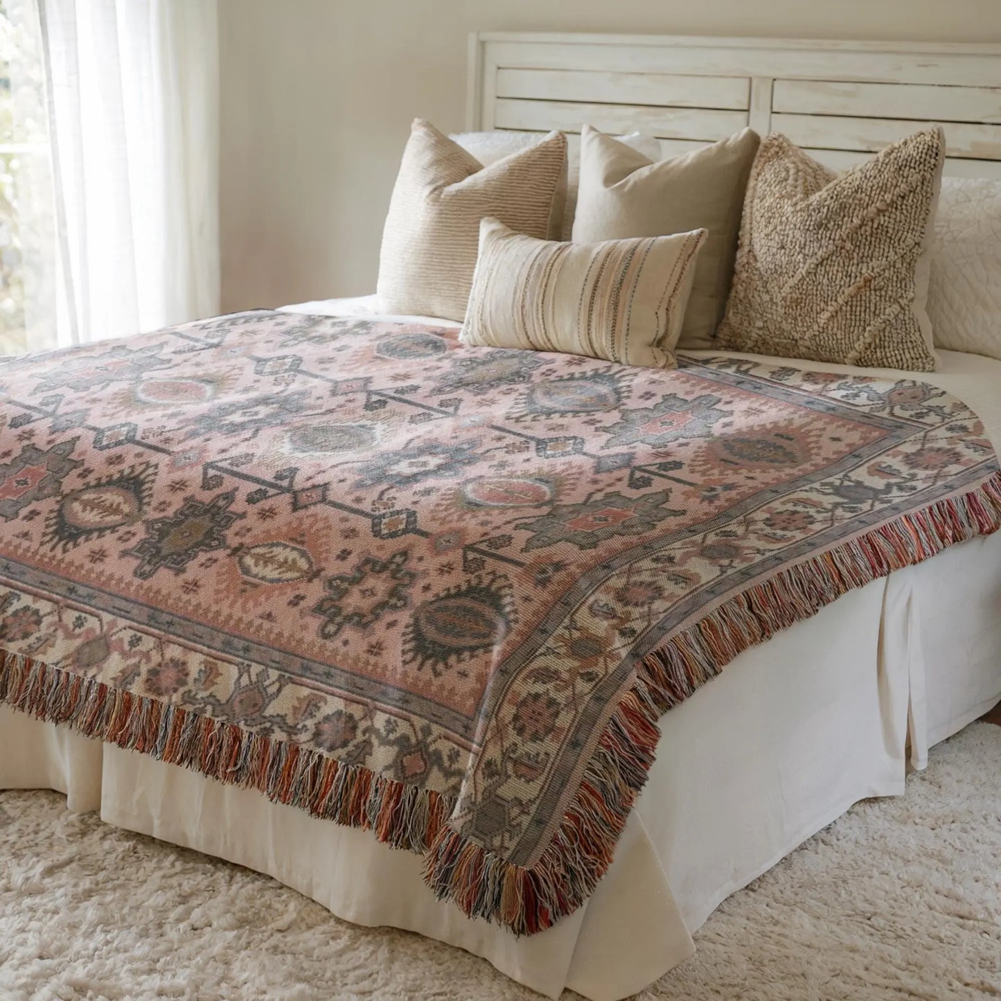 Anatolian Rug Blanket – Boho Decor Throw with Fringed Edge, Cozy Sofa Accent