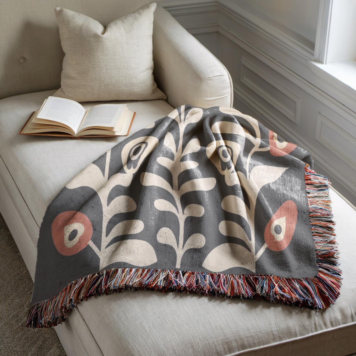 Floral Bouquet Blanket - Matisse Inspired Cotton Woven Throw with Colorful Fringed Edges
