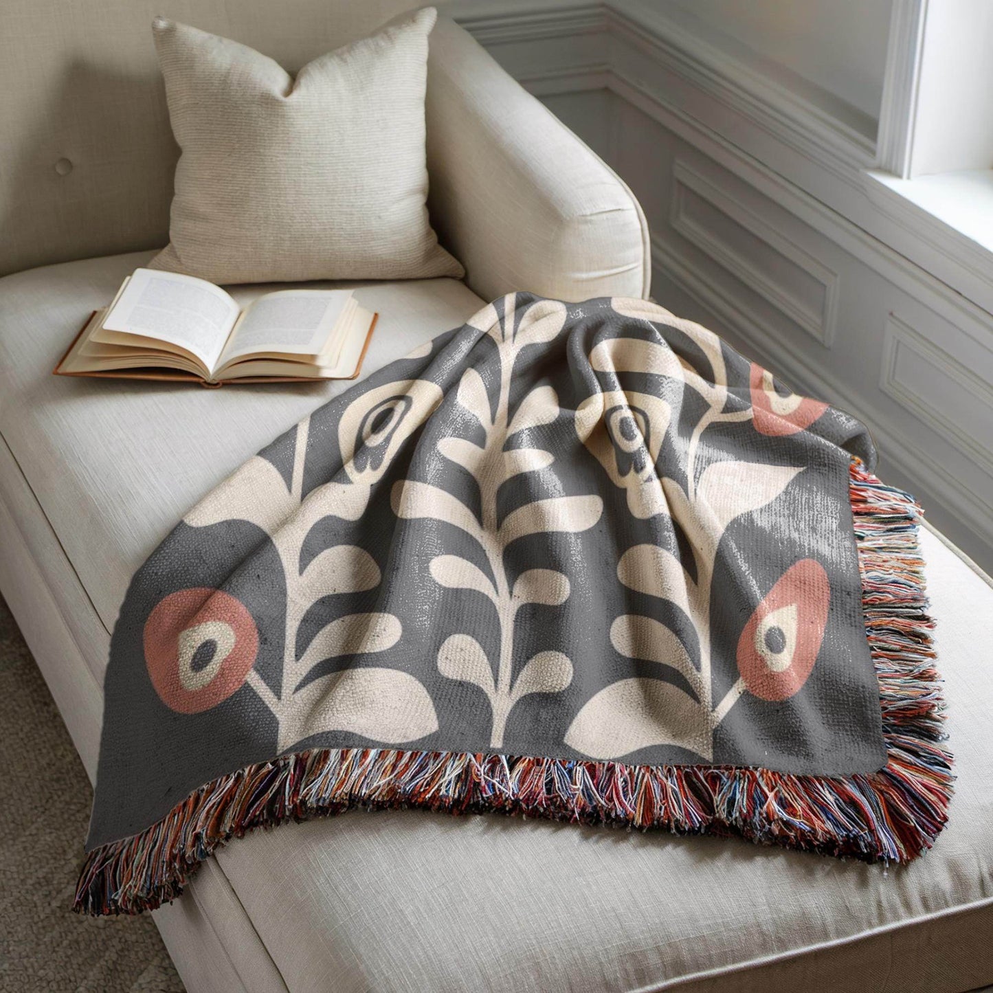 Floral Bouquet Blanket - Matisse Inspired Cotton Woven Throw with Colorful Fringed Edges - timelessbohochic.com