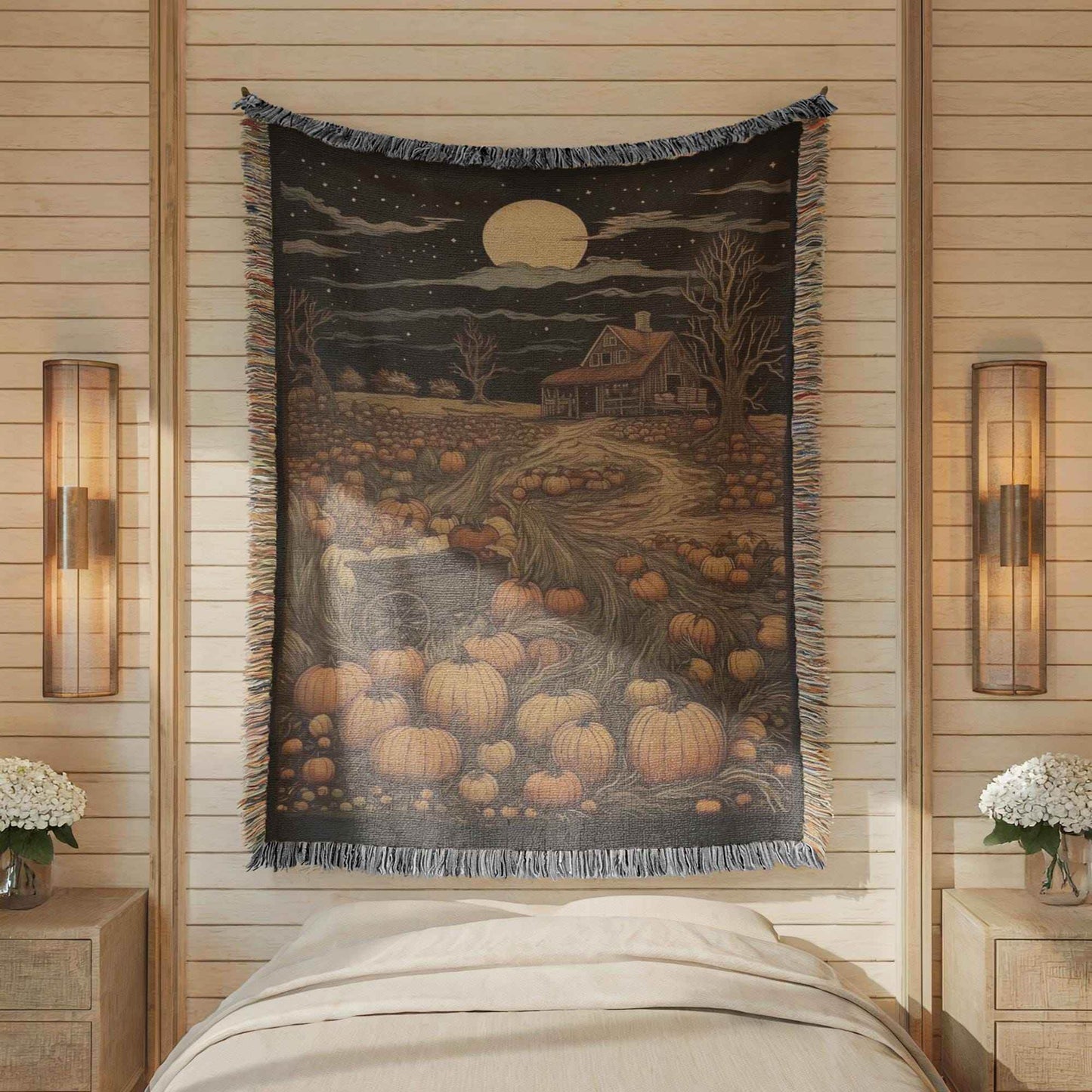 Pumpkin Patch Bedding - Harvest Season Blanket With Cotton Woven Throw & Colorful Fringed Edges - timelessbohochic.com