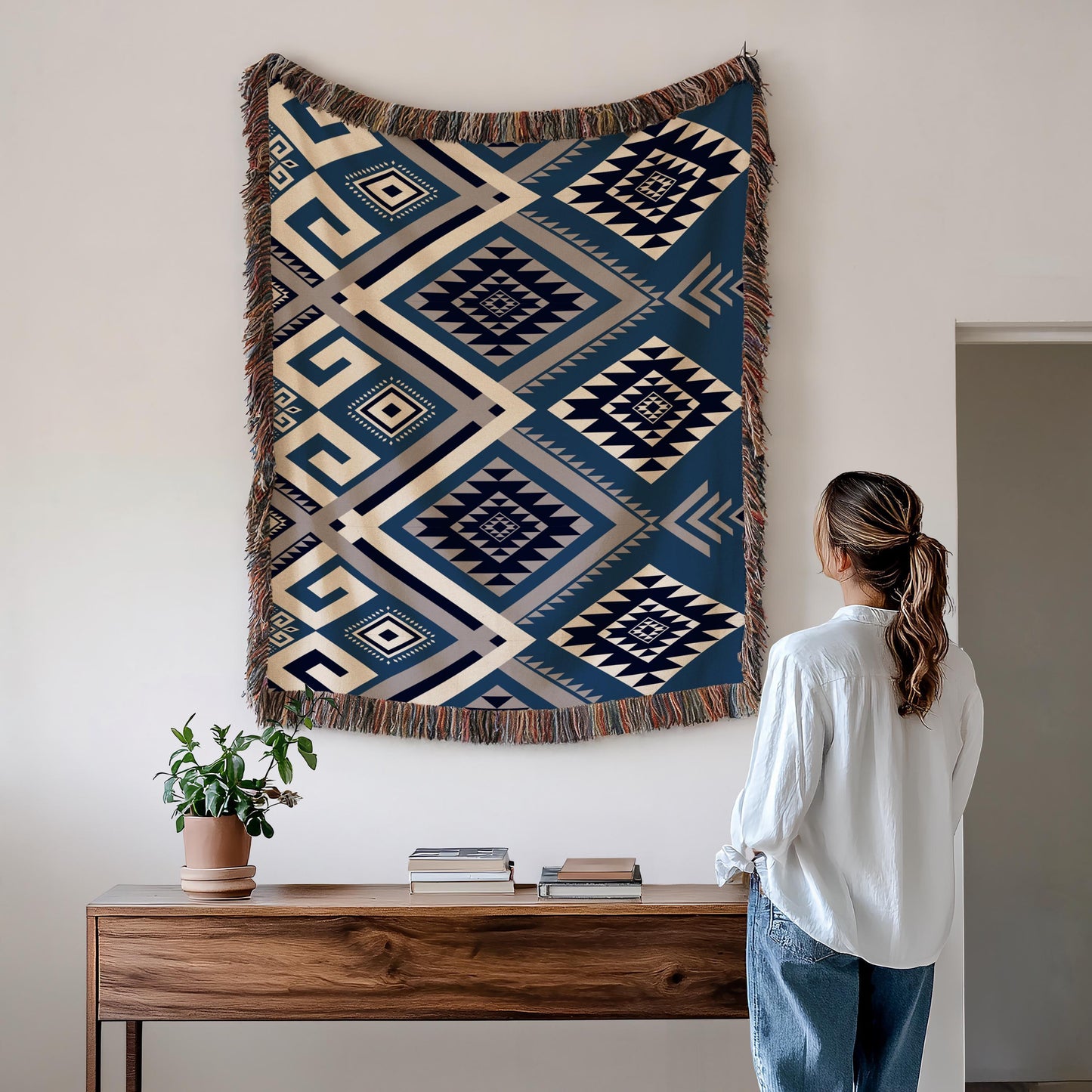Personalized Wall Hanging - Woven Tapestry With Aztec Pattern Decor & Colorful Fringe Edge