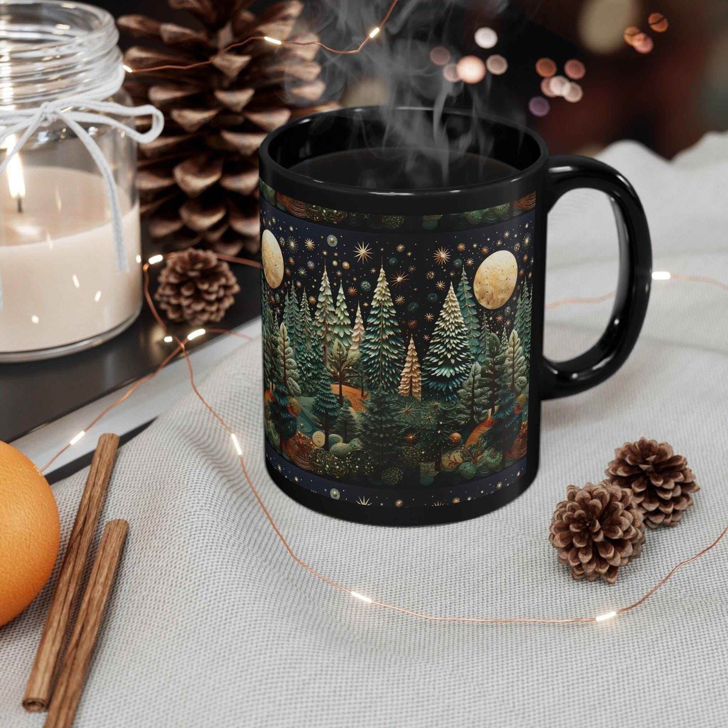 Moon and Stars Coffee Mug - Hand Painted Ceramic Boho Black Latte Cup - timelessbohochic.com
