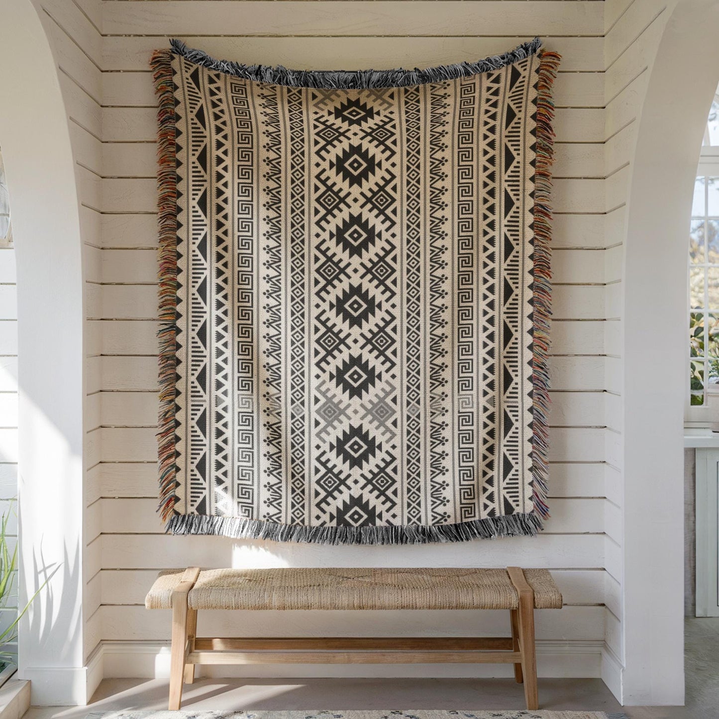 a large, intricately patterned rug hanging on a white wall, with a wooden bench below it.