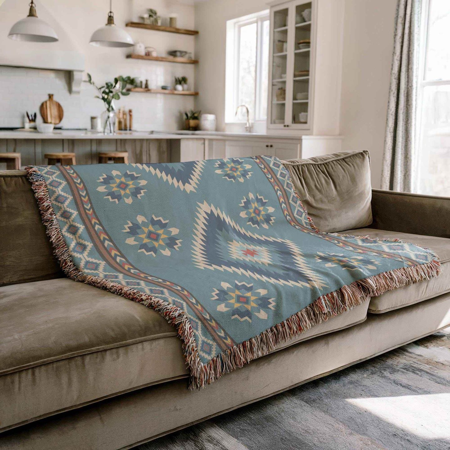 Southwestern Cotton Blanket - Navajo Design Throw With Fringed Edge Blanket - timelessbohochic.com