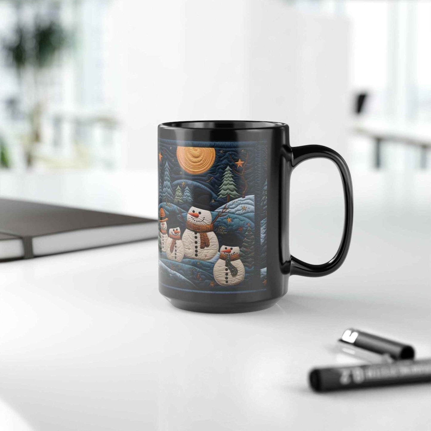 Chai Latte Mug - Black Ceramic Mug with Snowmen & Trees | 15 Ounce Glossy Finish - timelessbohochic.com