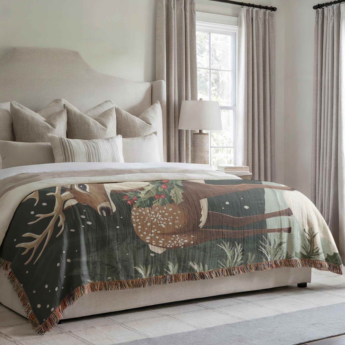 Christmas Woven Blanket – Cozy Winter Decor | Large Cotton Throw with Woodland Creature Design - timelessbohochic.com