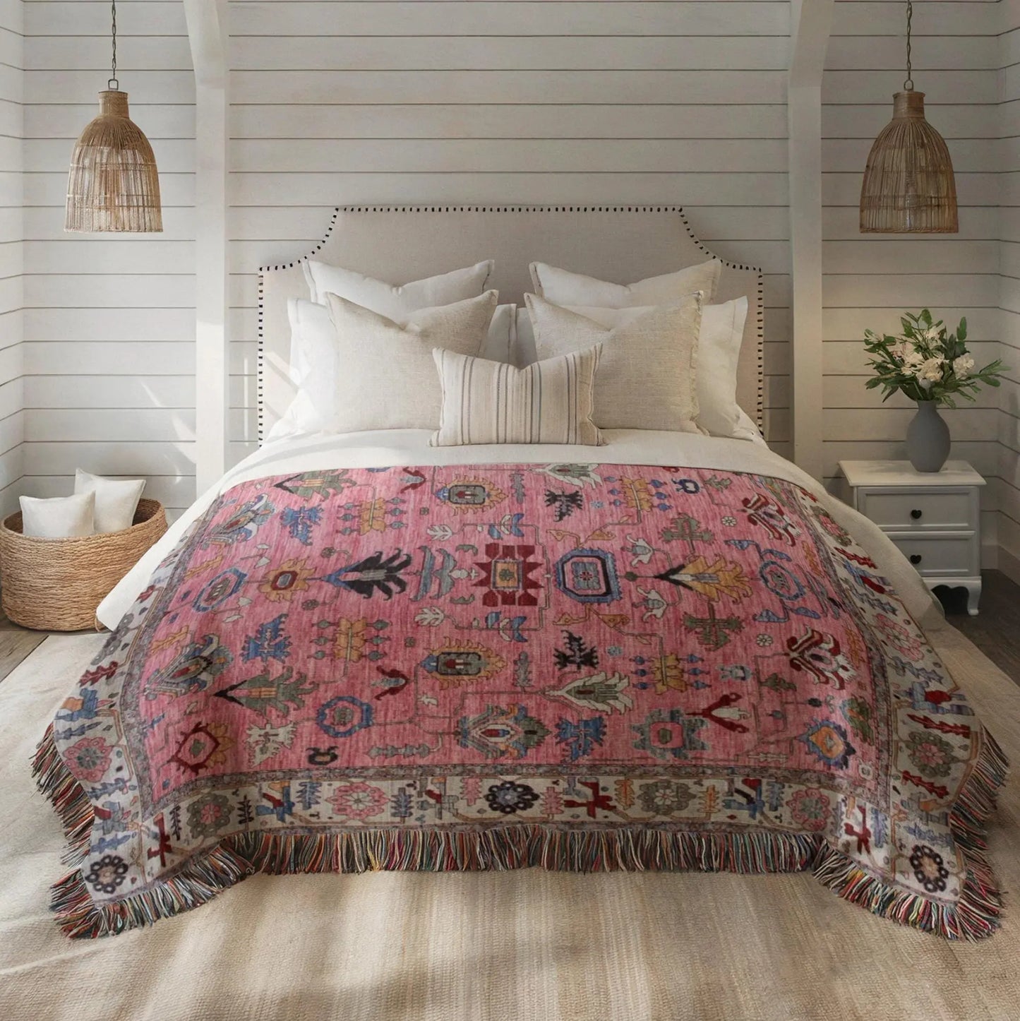 Turkish Woven Blanket – Soft Cotton Throw with Colorful Fringed Edges | Boho Bedspread