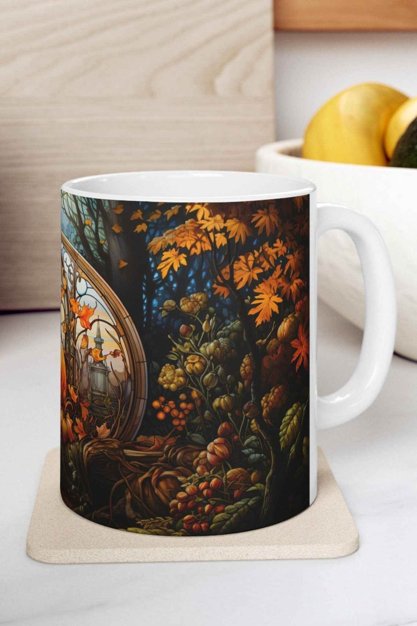 Fall Pumpkin Mug - Personalized Ceramic Mug With Stained Glass Design, 11oz - timelessbohochic.com